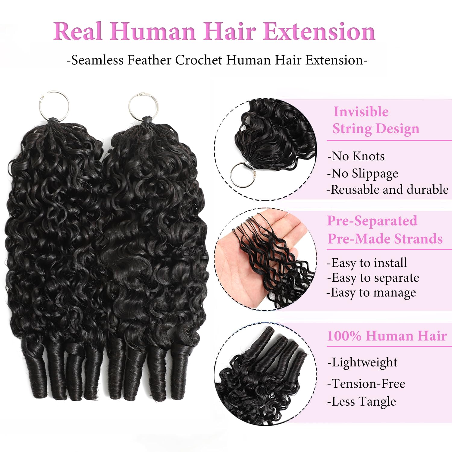Fether Burmese Curly Human Hair Crochet Extensions 1B 60g