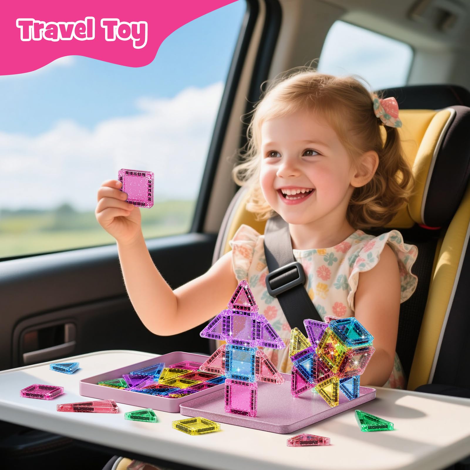 Set di 42 piastrelle magnetiche da viaggio con glitter da viaggio, per bambini, menta, piastrelle magnetiche con base in ferro, mattoncini da costruzione magnetici, giocattolo da viaggio, regalo per 3