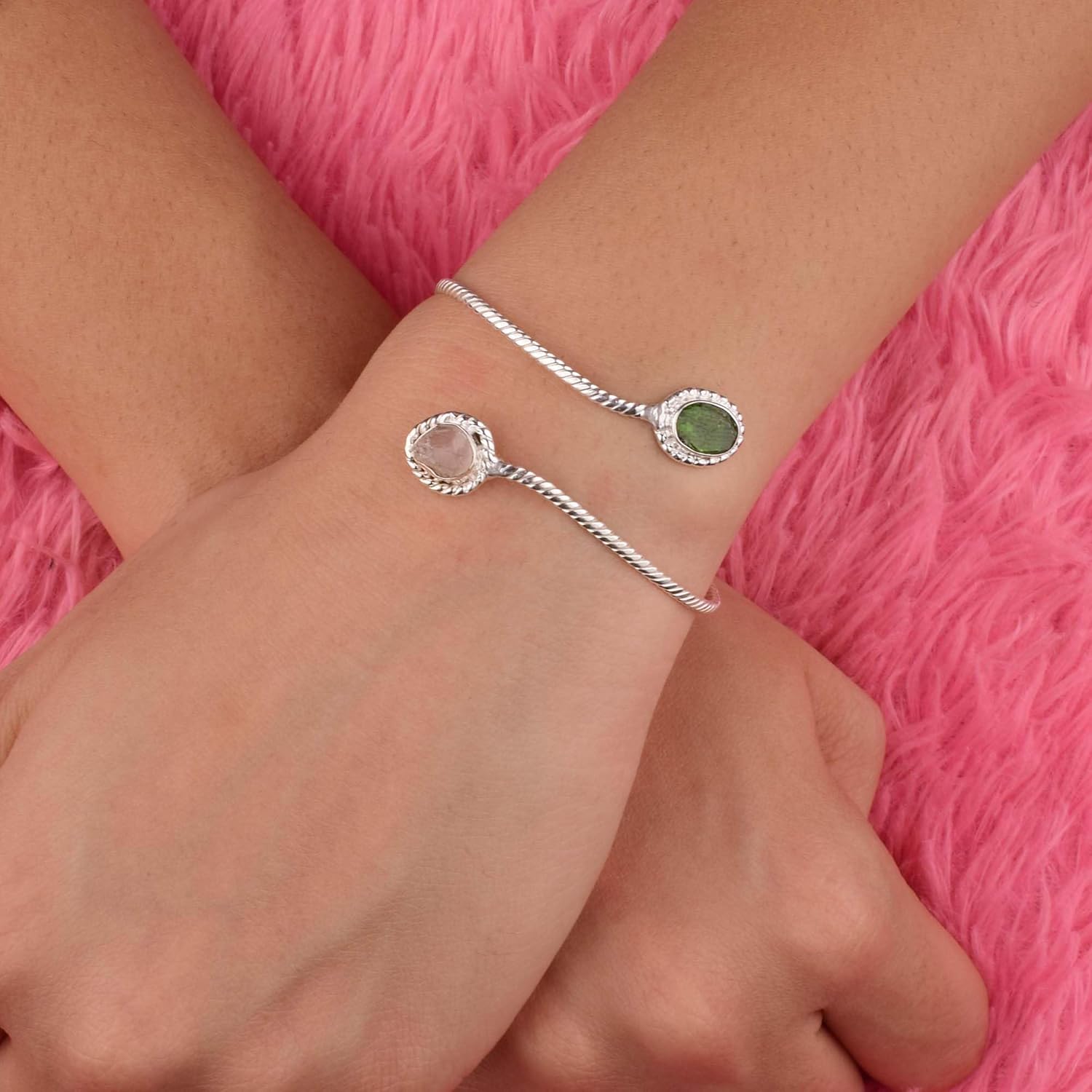 Natural Raw Chrome Diopside and Morganite Cuff Bracelet, Healing Crystal Cuff Bracelet, Bangle Bracelet, Rough Gemstone Bracelet, Jewelry For Woman (chrome-diopside and morganite) - Image 8