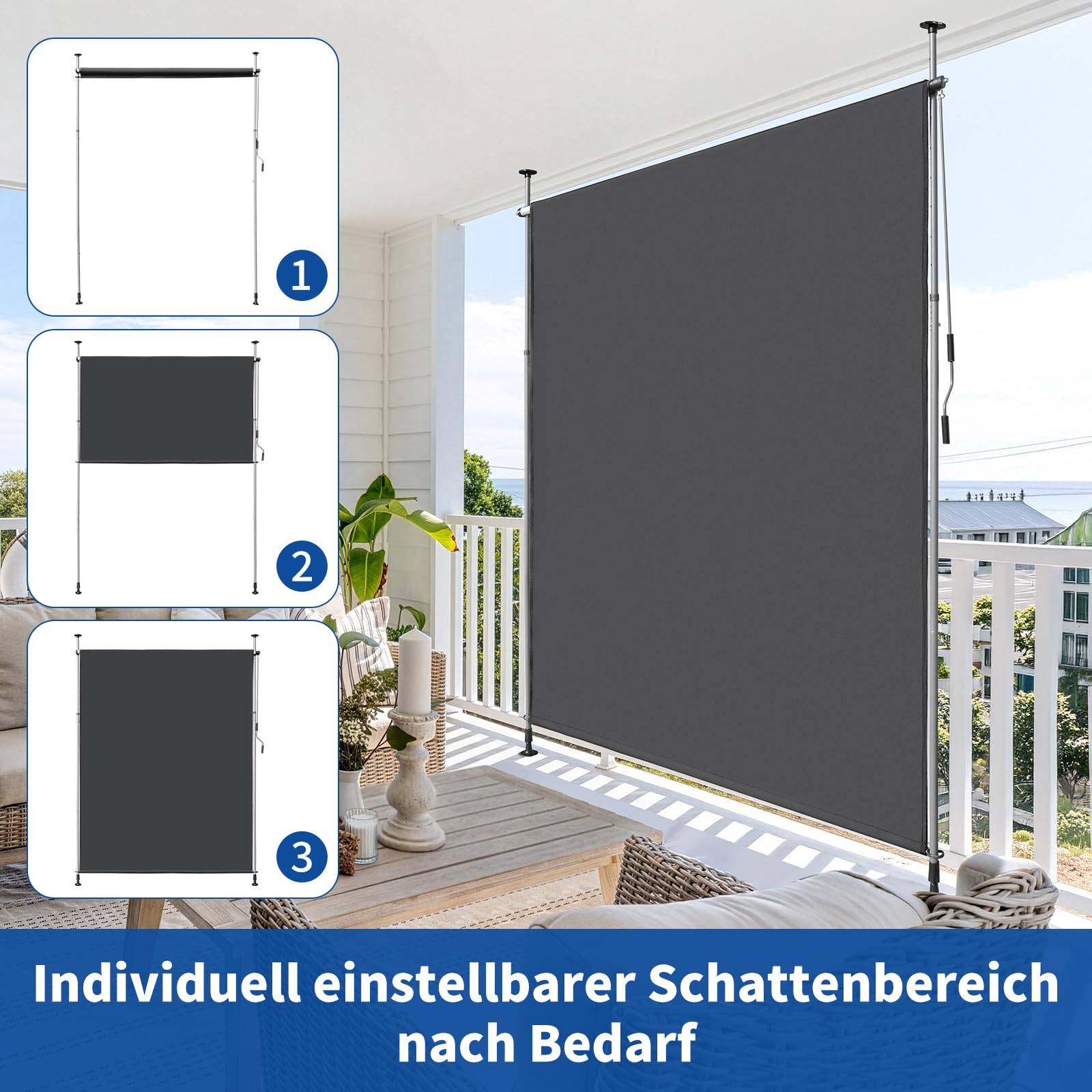 LEADZM Klemmmarkise Senkrechtmarkise 200x305 cm,Ausziehbar & Blickdicht, UV-Schutz 50+ & Wasserfest, Ohne Bohren mit Handkurbel für Garten, Terrasse, Balkon&Wohnzimmer,Anthrazit