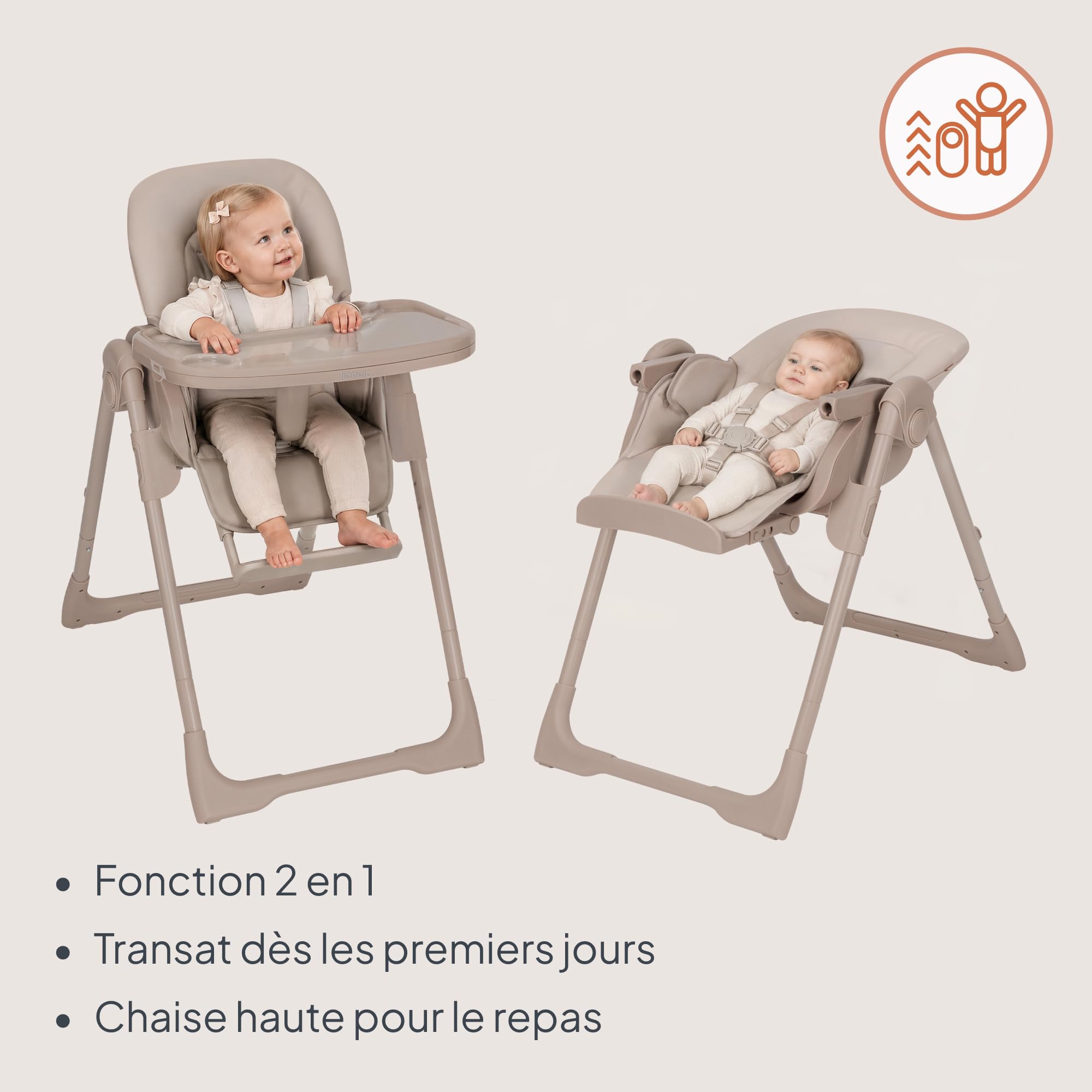 LIONELO Linn Plus chaise haute bebe jusqu'à 15 kg, deux plateaux amovibles, ceintures à 5 points, réglage de la hauteur du siège du dossier et du plateau