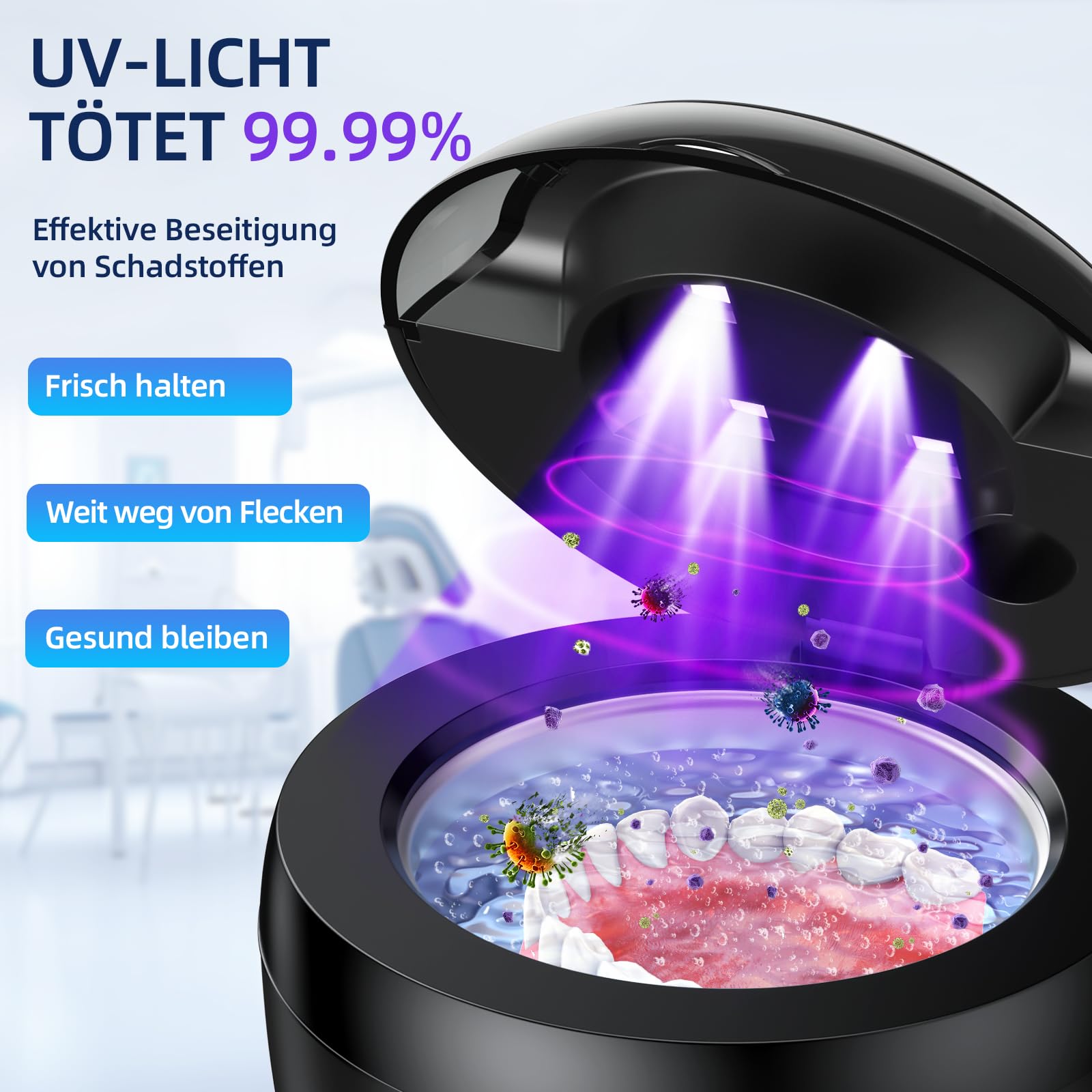 Dispositivo di pulizia ad ultrasuoni, 45 kHz, detergente ultrasonic per protesi, retainer, allineatori, protesi, testina dello spazzolino da denti, gioielli