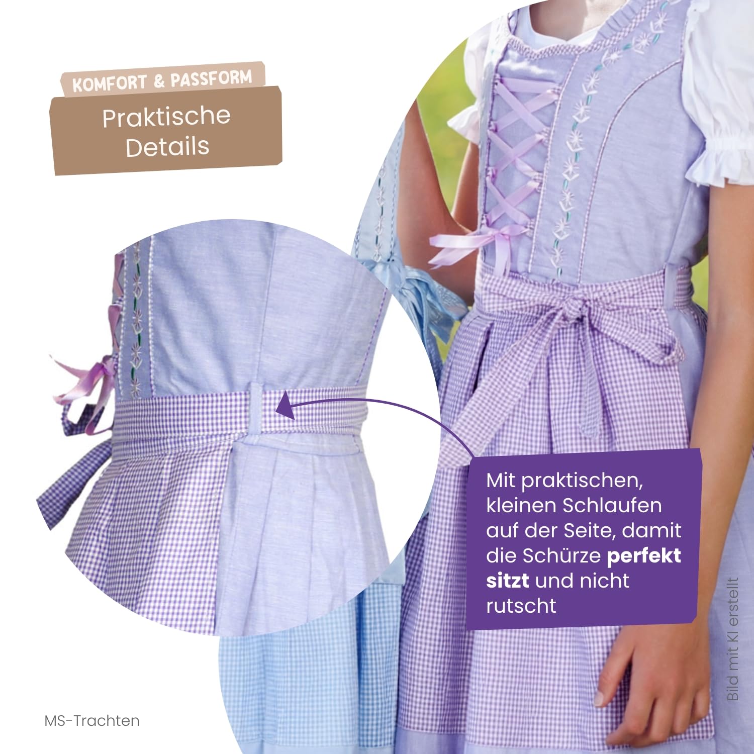 Dirndl Lina per bambini – Dirndl viola blu con camicetta e grembiule, 3 pezzi, abito tradizionale per bambine