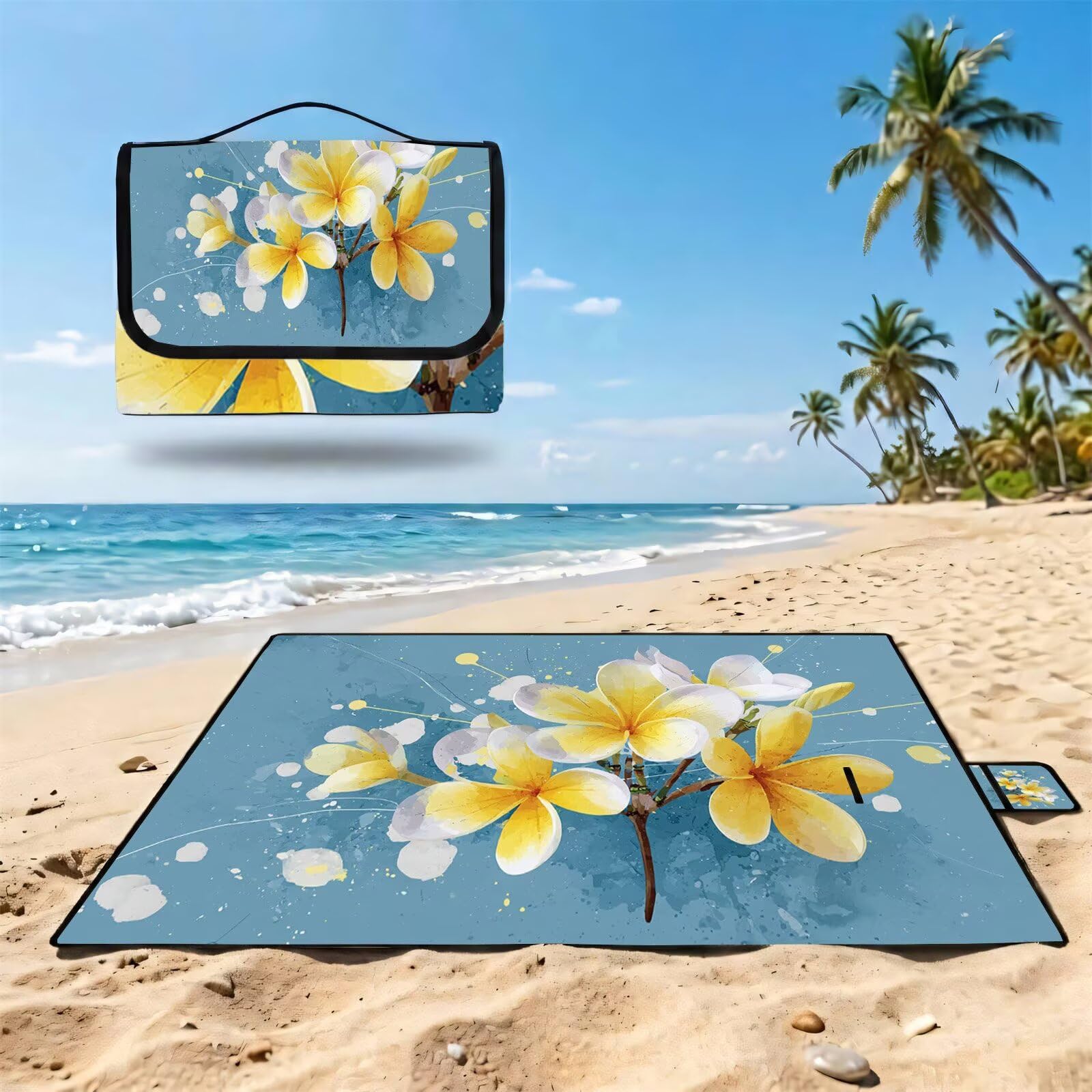 Couverture Pique Nique Grande 200x300cm,Outdoor Couverture Imperméable,Pliable Tapis de Plage Dos en PVC,Picnic Blanket pour Camping Accessoires,Jardin,Parc,Famille - Fleurs Jaunes,Turquoise FZ-183