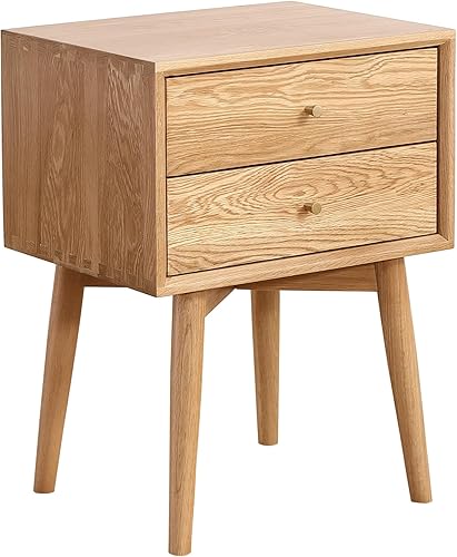 Olusmane Mesita de noche moderna de mediados de siglo, mesita de noche de madera de roble macizo con 2 cajones, mesita de noche pequeña resistente y