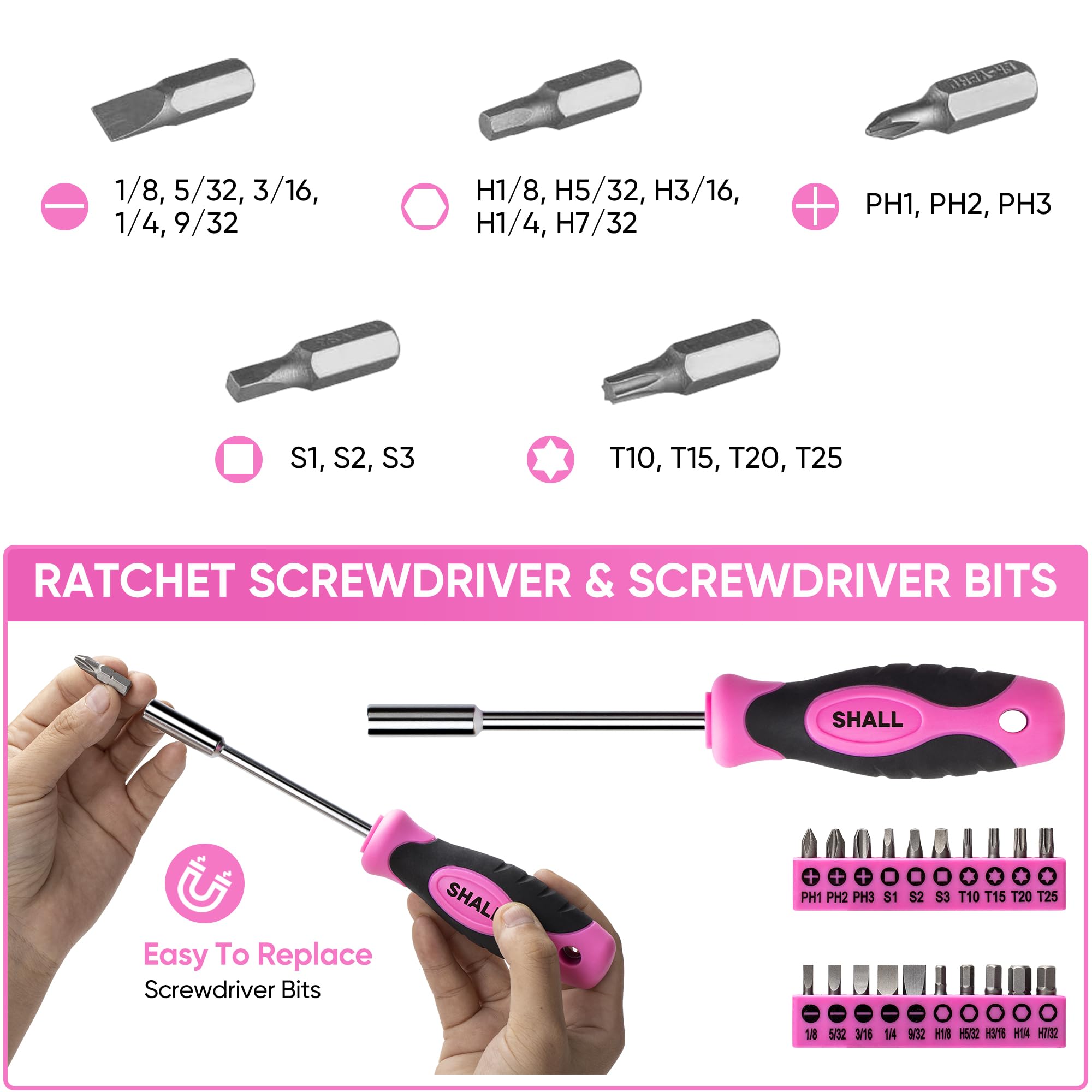 SHALL Kit di attrezzi rosa da 166 pezzi per la casa, cassetta degli attrezzi rosa con set di attrezzi per fai da te e kit di attrezzi per auto, regalo ideale per donne, ragazze e tuttofare a casa