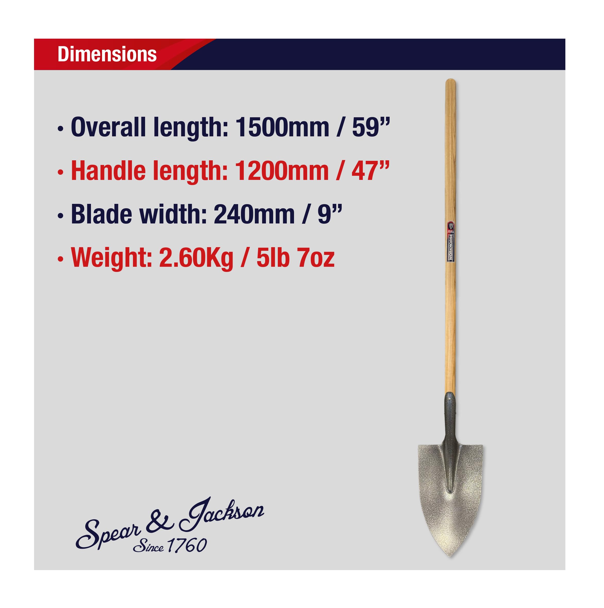 Spear & Jackson IRISHDS Pala Irlandesa de Punta, Acero al Carbono, Mango de Fresno, Pala de Excavación para Zanjeo, Tierra, Turba y Césped, Uso Profesional