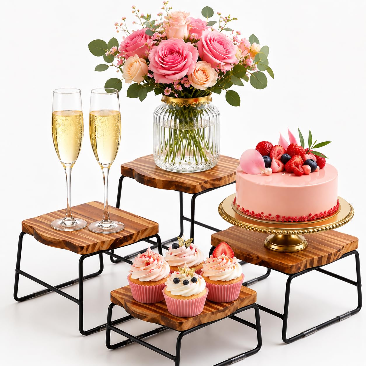 ZENFUN Lot de 4 rehausseurs de buffet en bois, rehausseurs de table à dessert, support de plat à pizza, support à cupcakes et rehausseurs en bois, plateau et support d'assiette