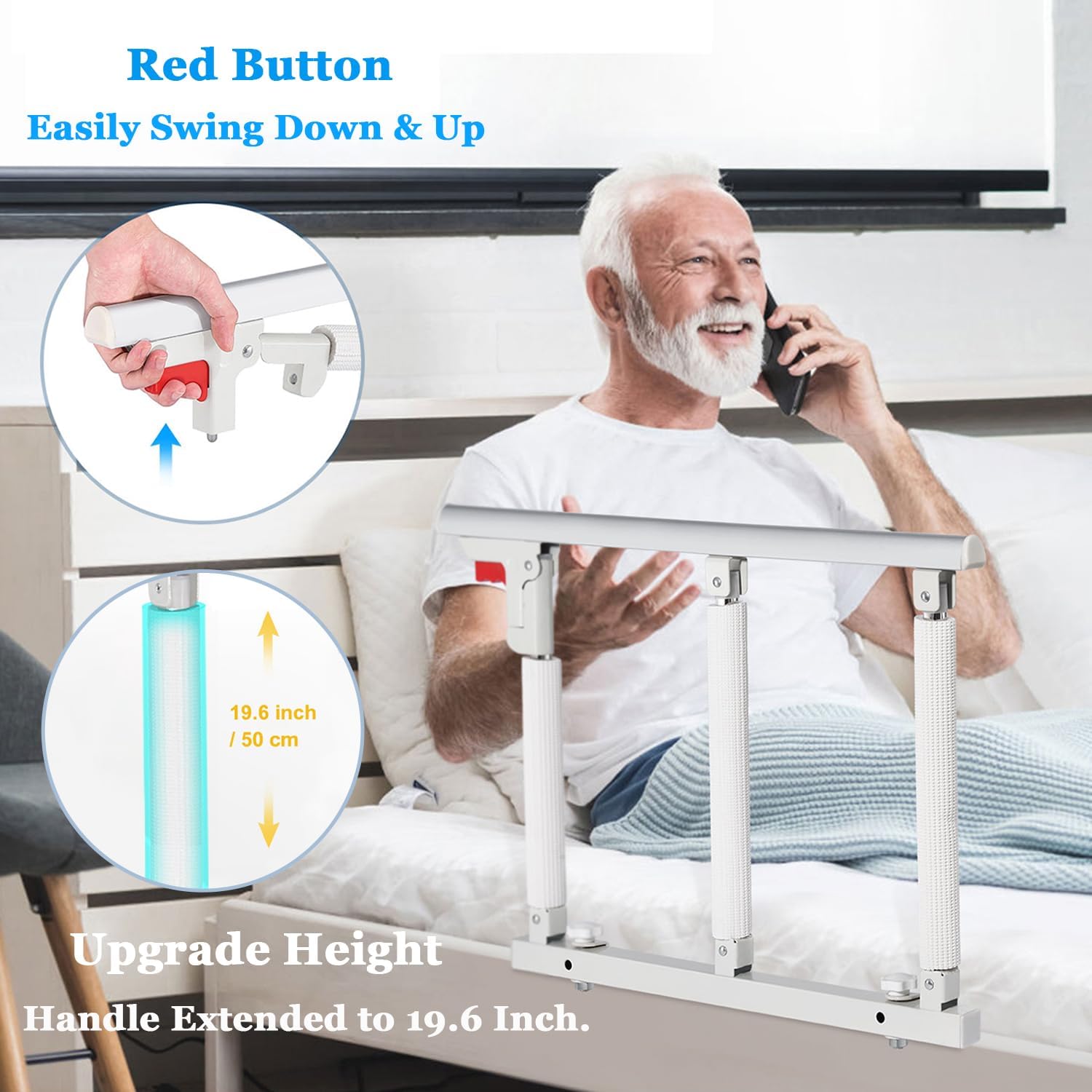 Sponde per letto per anziani e adulti, con maniglia di supporto per comodino, 68 x 50 cm, lunghezza e altezza, protezione laterale di sicurezza per letto King, Queen, Full e Twin