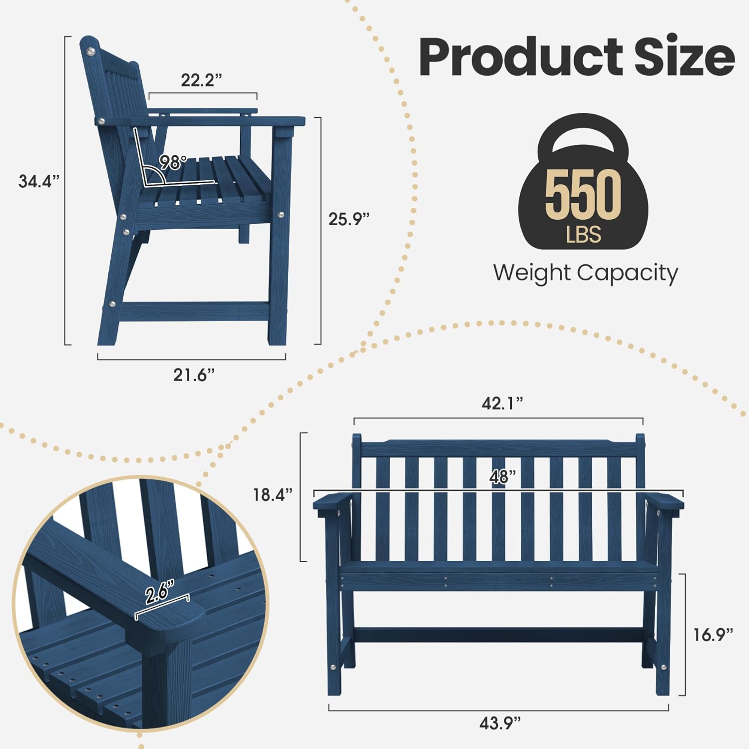 Ciokea 48" Outdoor Bench, HDPE Weatherproof Porch Bench, 2-Person Garden Benches with 550 Lbs, Waterproof Patio Benches for Outside Balcony Deck Backyard, Navy Blue