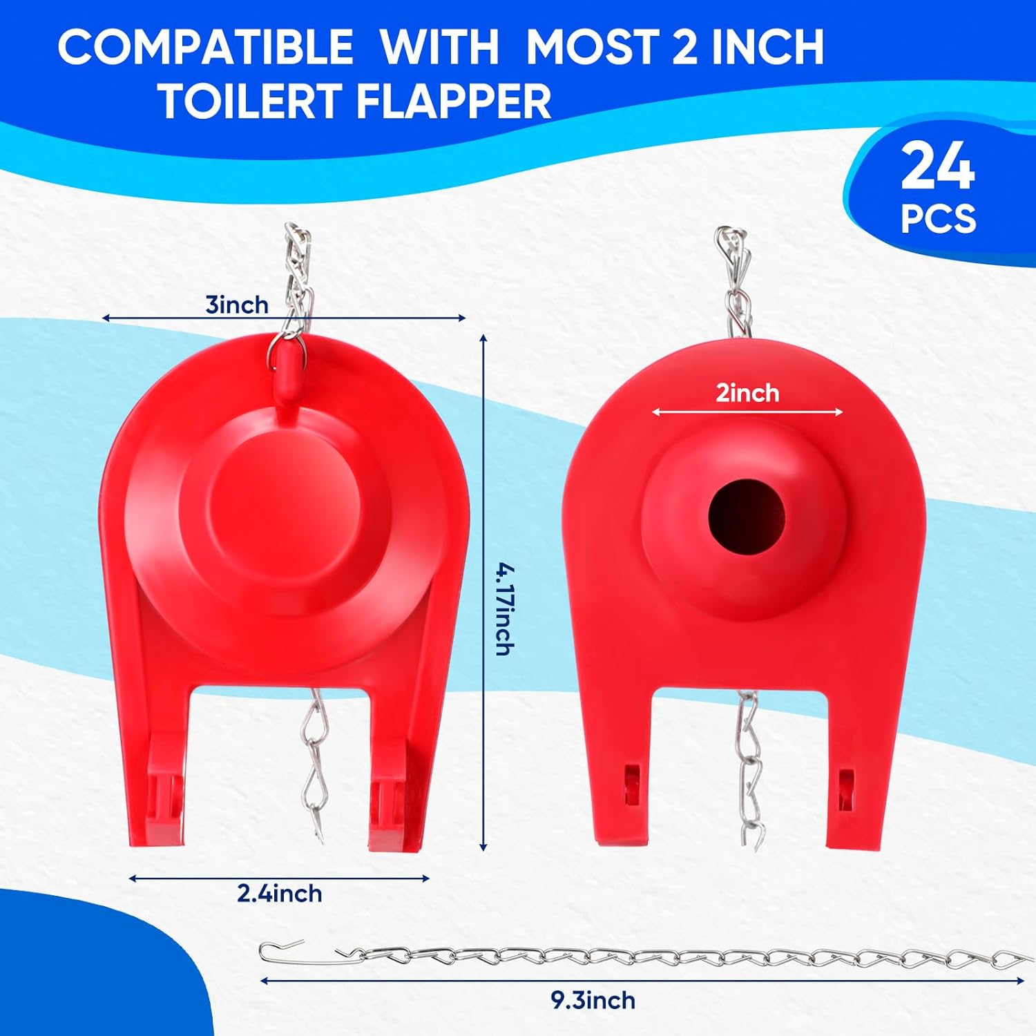 Lasnten 24 PCS Toilet Flapper Replacement Kit for 2 Inch Flush Valves Universal Tank Flapper with Stainless Steel Chain Compatible with Most Toilets, Red