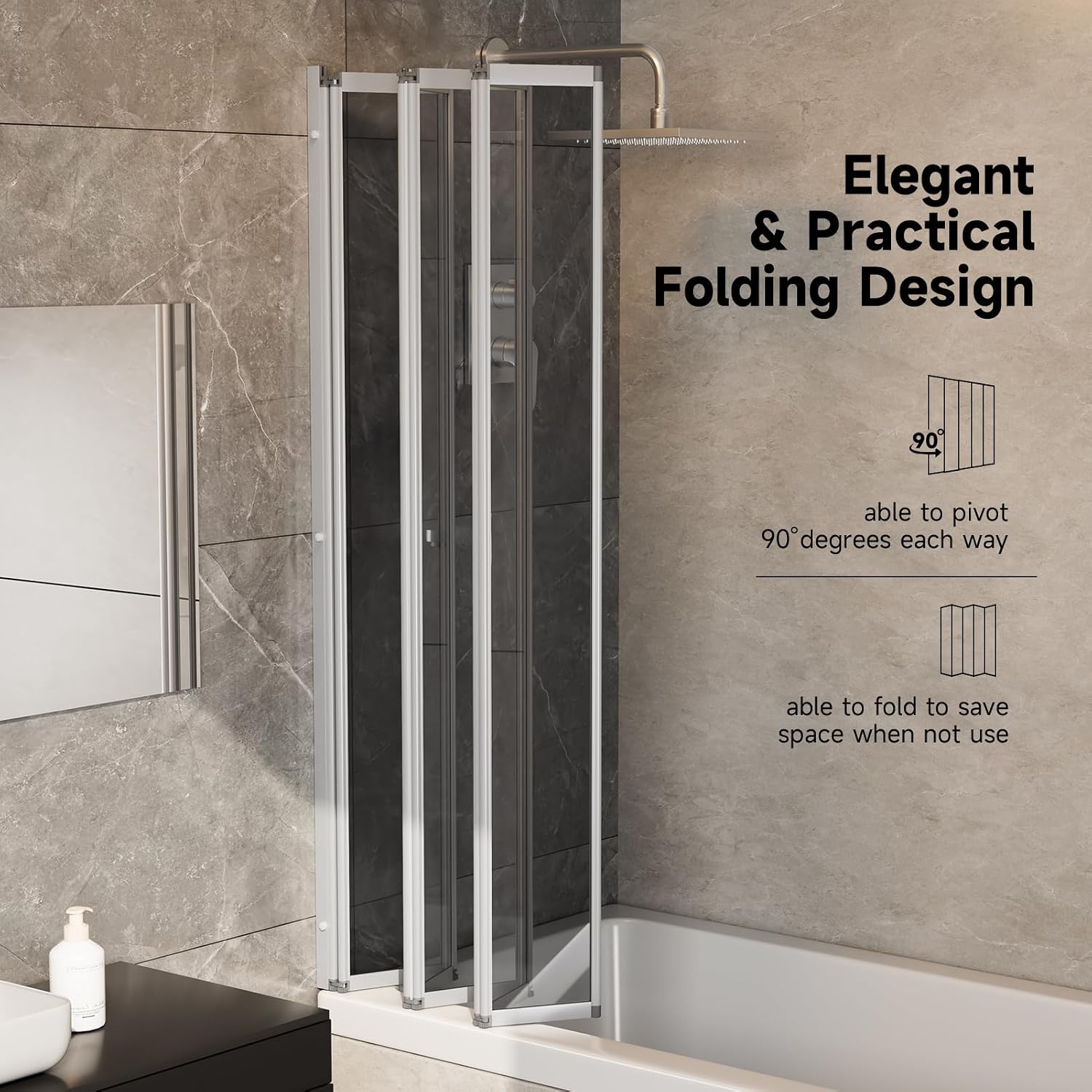 INMOZATA Shower Screen, 5 Panel Folding Bath Shower Screen, Over Bath Shower Screens Tempered Grey Glass Panel Shower Screens（1200 * 1400mm，Metallic Silver & grey）
