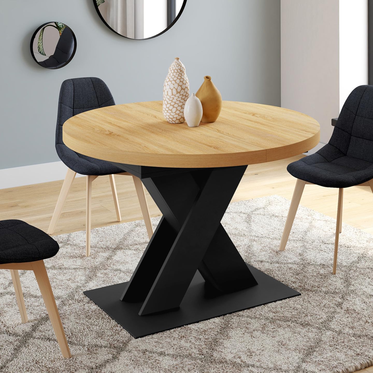 IDMarket Alicia – Mesa de comedor extensible redonda 110-150 cm Madera y Negro