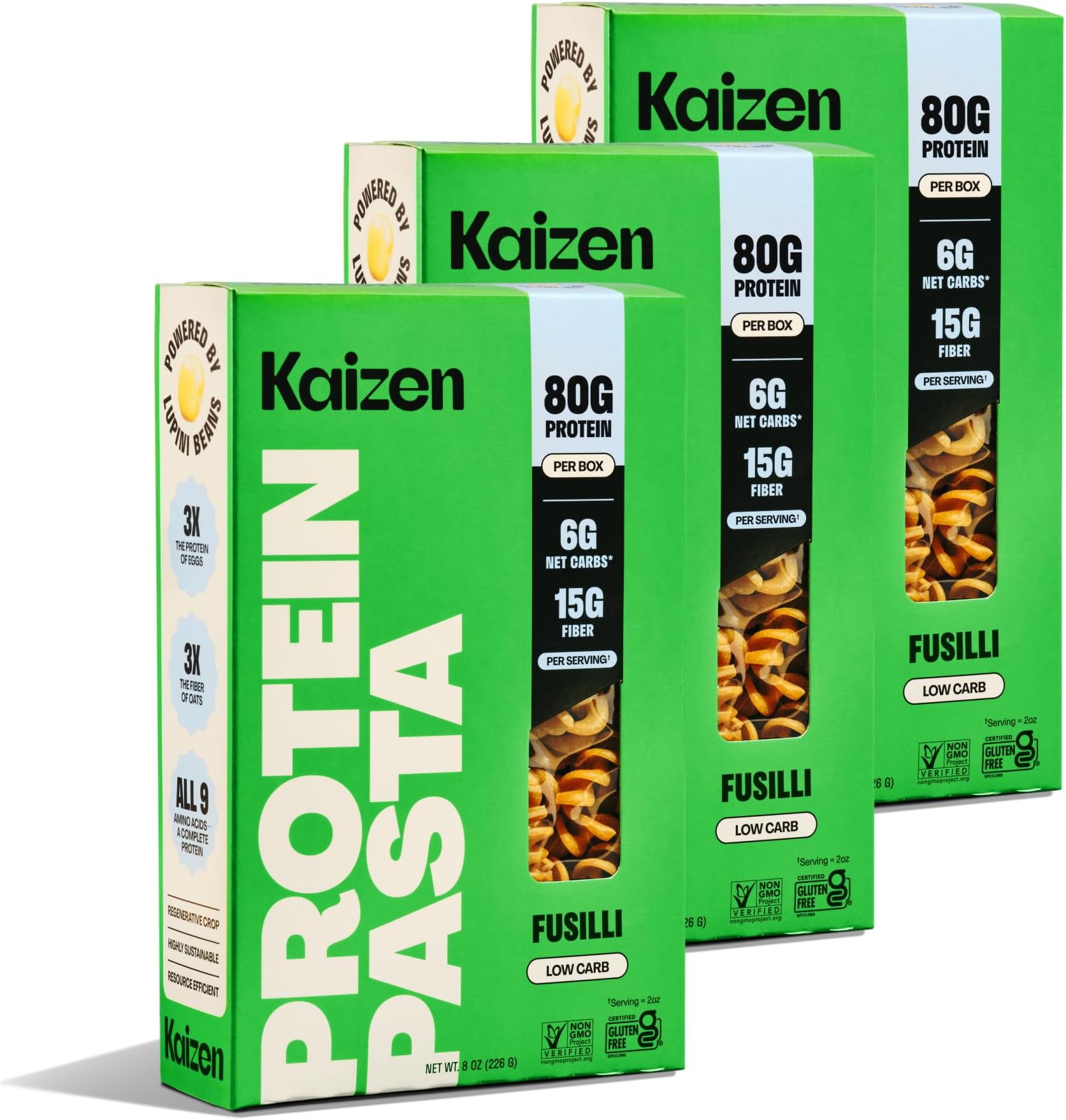 - Kaizen Fusilli Protein Pasta, 20g Protein, Low Carb (6g Net Carbs), Keto-Friendly, Gluten-Free, Plant-Based Lupini Noodles, High Fiber, 8 Ounce, Pack of 3