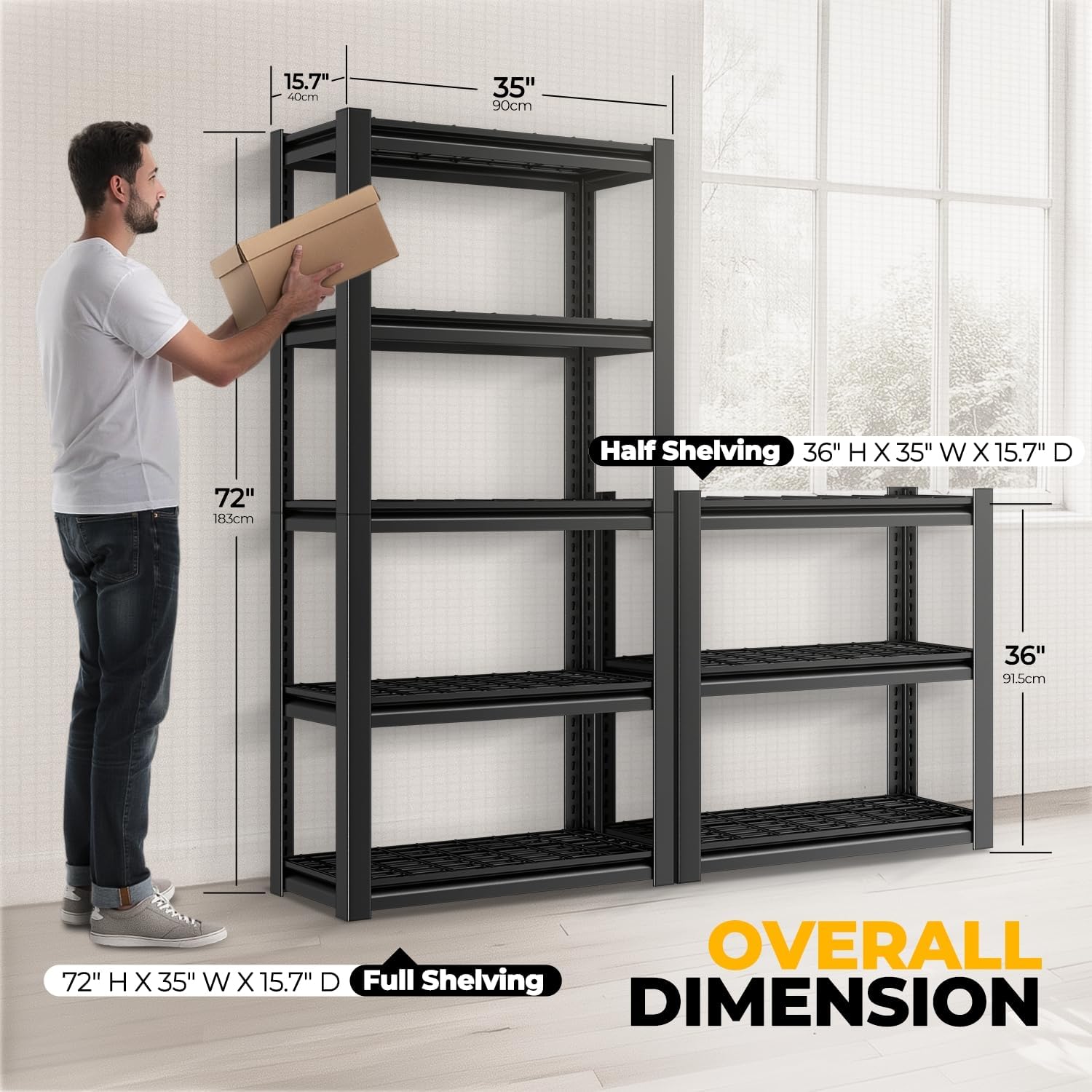 Auto Dynasty 5-Tier Storage Shelves, 72" H Heavy Duty(3000LBS Capacity) Adjustable Garage Shelving, Metal Storage Utility Rack Shelf Unit for Pantry Kitchen Warehouse, 72" H x 35" W x 16" D, Black
