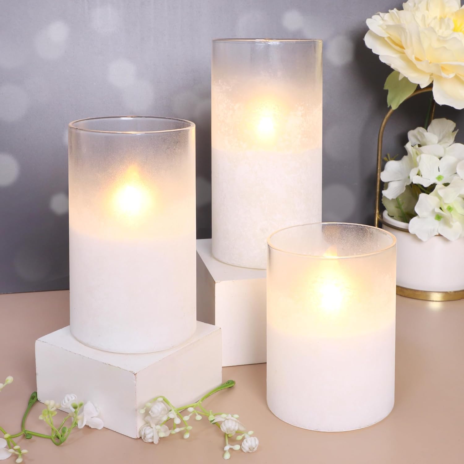 Impress Life White Flameless Candles with Remote & Timer, Glass Sandblast Battery Operated Flickering LED Pillar Candles for Home Wedding Party Christmas Decor