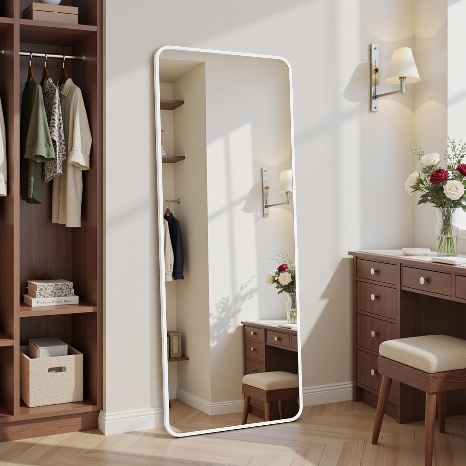 Suidia 48"x14" Door Hanging Full Length Mirror, Floor Mirror Freestanding,Full Body Mirrors with Adjustable Stand for Bedroom Living Room Cloakroom, Rectangle Rounded, White