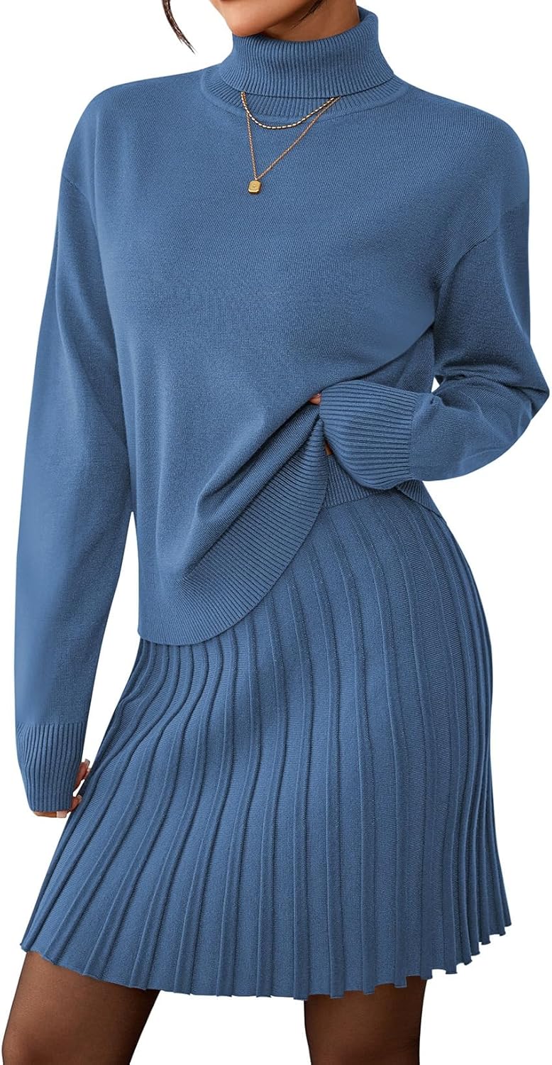 Pink Queen 2026 Women's 2 Piece Sweater Outfits Set Long Sleeve High Neck Top Pleated Mini Skirt Ribbed Knit