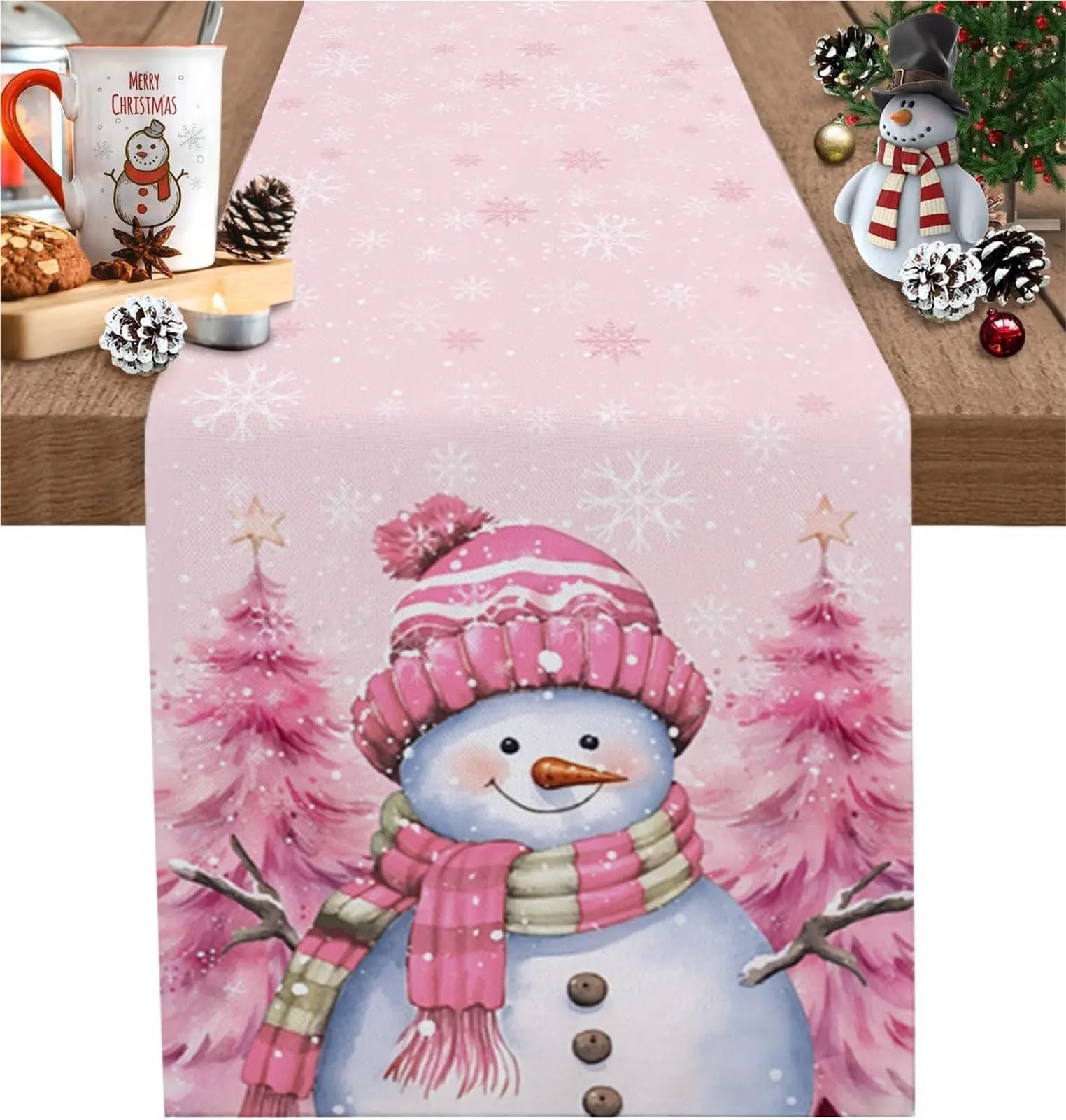Chemin de table en lin rose avec broderies d'arbres de Noël et de bonhommes de neige luxueux