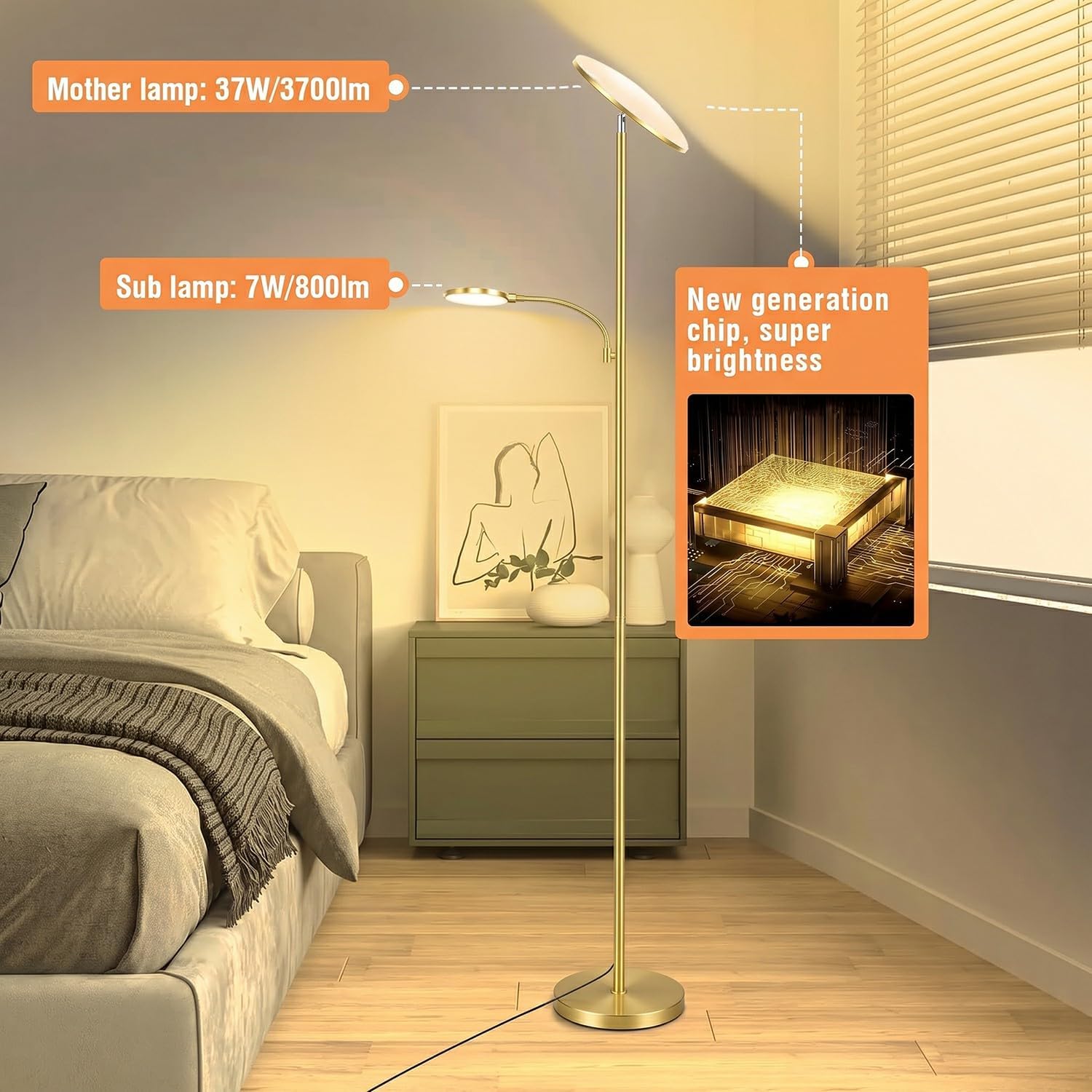 marctronic Polished Gold Floor Lamps for Living Room, 44W/4500LM Premium 2 in 1 LED, Stepless Dimming & Smart Plug Ready, 69" Standing Floor Lamp with Articulated Reading Light for Living Room Office image 2