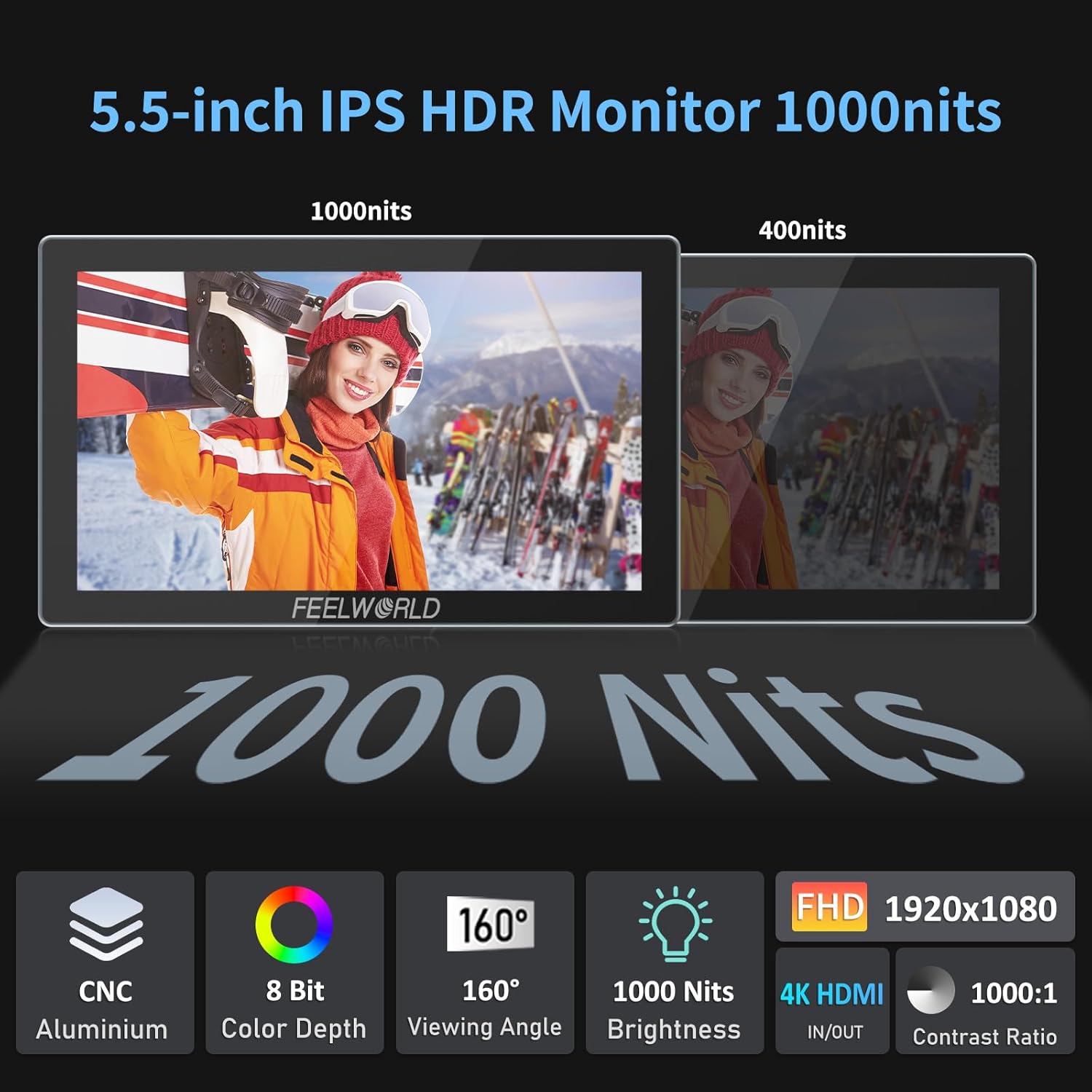 FEELWORLD P6X 5.5" Aluminum Camera Monitor + 4400mAh Battery + Case, 1000nits DSLR Field Touch Screen, HDR, 4K 60Hz HDMI, 3D LUT, Waveform Peaking Focus Zebra