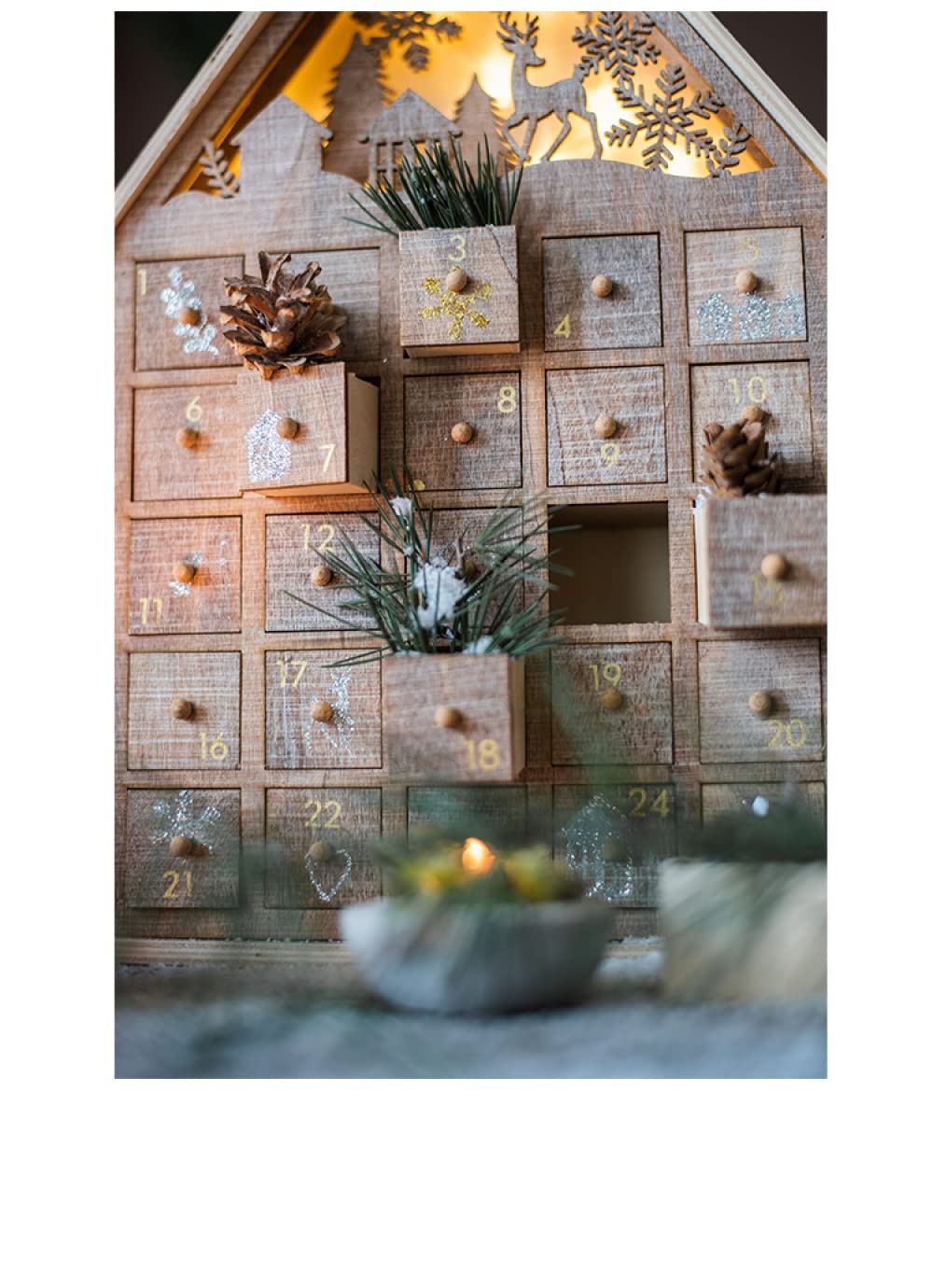 Siqi Countdown To Christmas Calendario de Adviento con luz led de madera, cajonera Candy House