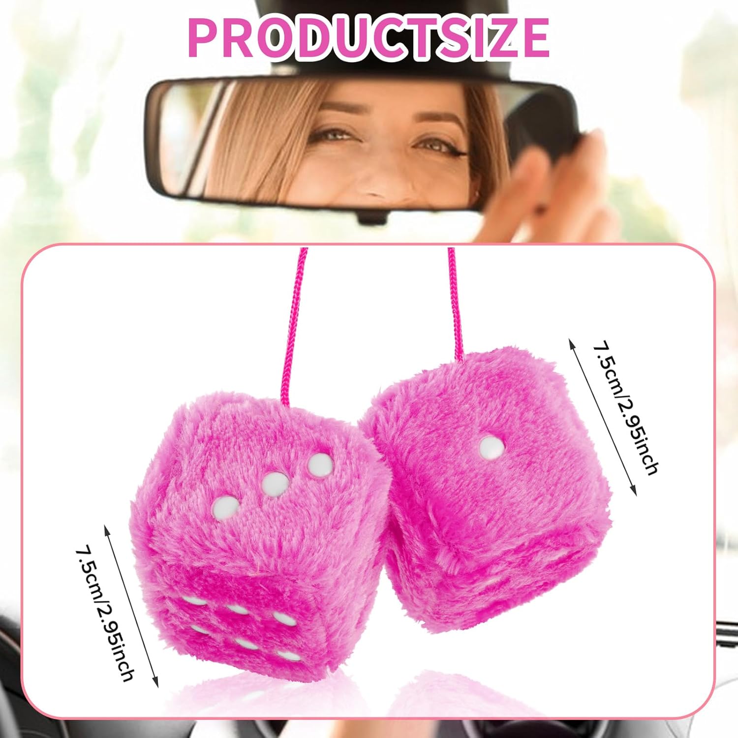 Pair of 2.75” Fuzzy Dice for Car Mirror, Retro Hanging Ornament with White Dots, Plush Car Interior Decoration, Pink