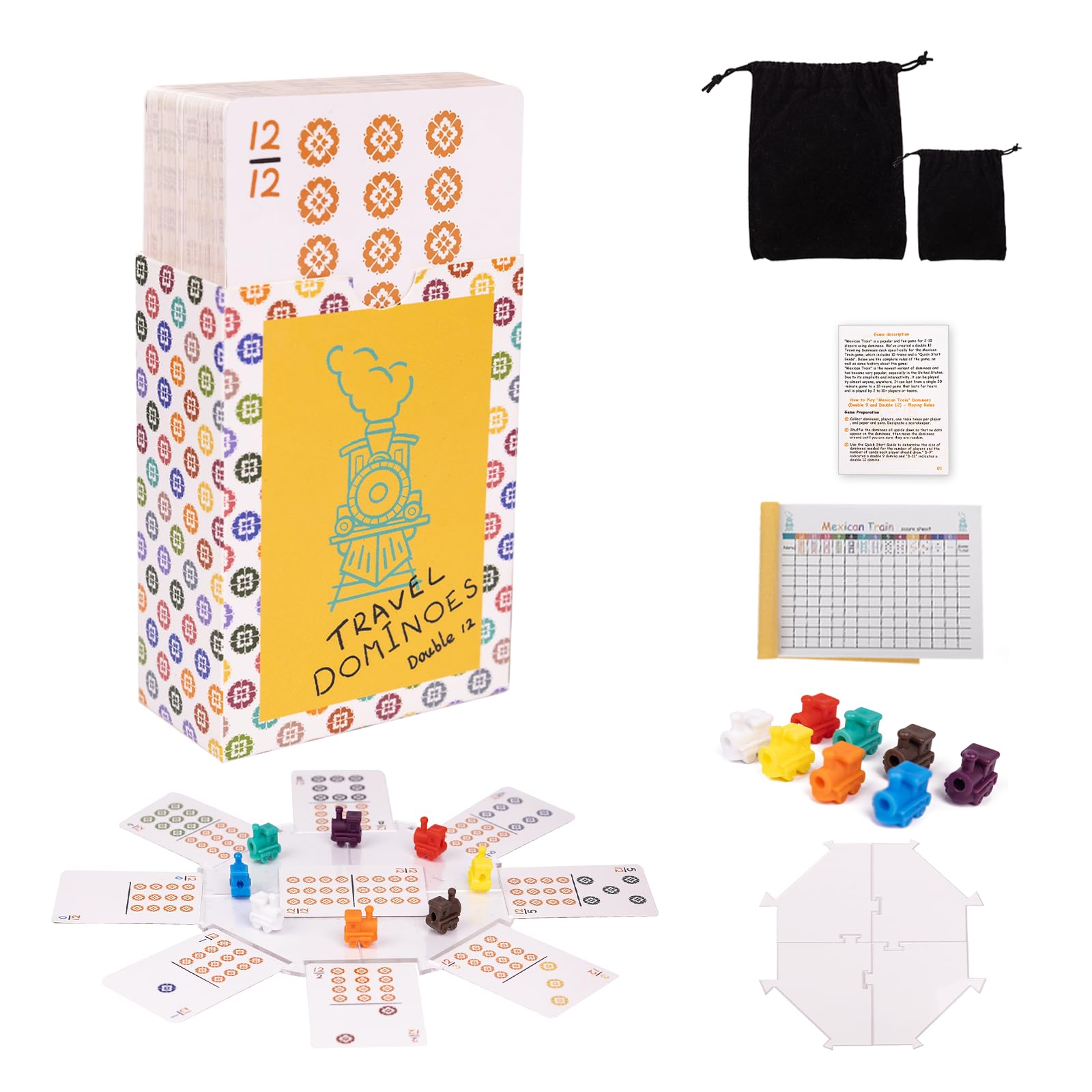 Extguds Mexican Train, Mini Travel Dominoes Game:105 Cards+1Hub for Mexican Train+8 Train Marker+1 Instruction+1 Scoresheet,Double 12 and Double 9 Dominoes Set,2-10 Players (Accessory, White)