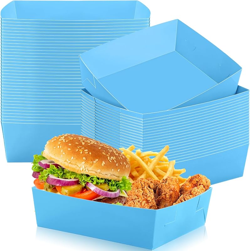 Uiifan 50 bandejas de papel extra grandes de 5 libras para alimentos, desechables, para barcos, platos de nacho, bandejas para servir refrigerios, resistentes a la grasa, autoensamblaje para fiestas de regreso a la escuela, cumpleaños, bodas (azul cielo)
