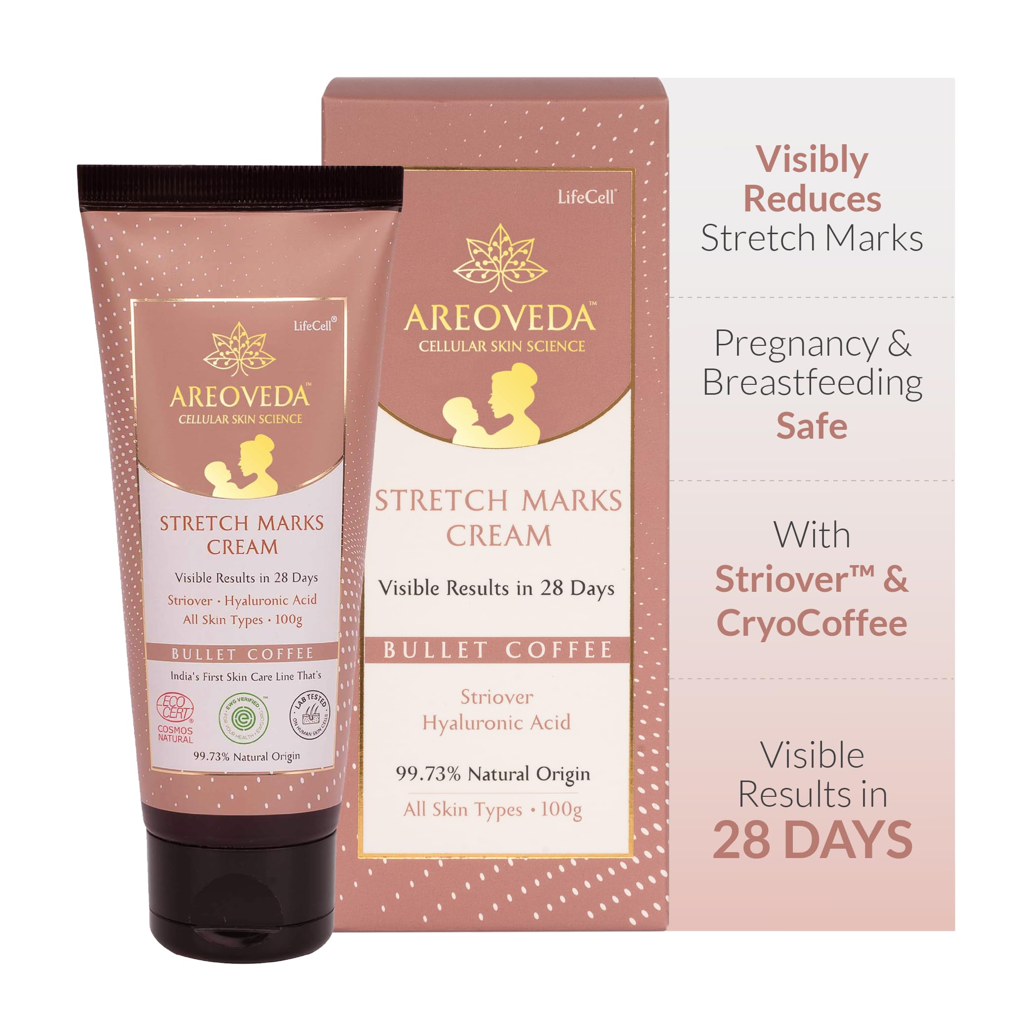 AreoVeda Stretch Mark Cream for Old & New Marks (100g) | Visible Results in 28 Days | With Striover, CryoCoffee & Hyaluronic Acid | Pregnancy & Breast Feeding Safe I Lab Tested, Ecocert Certified, & EWG Verified Stretch Mark Cream | Non-Sticky & Light-Weight