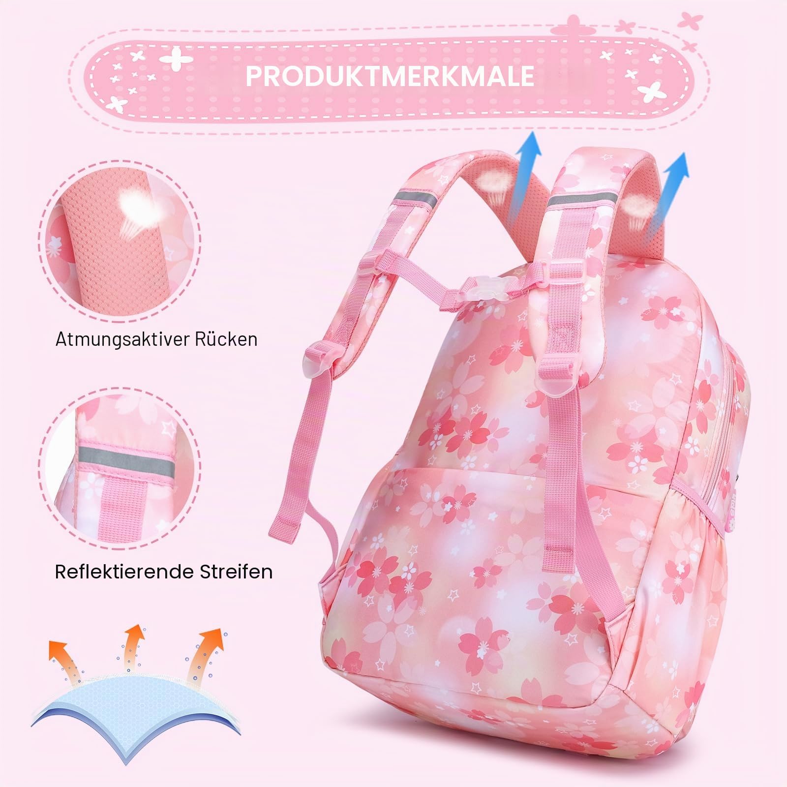 Mädchen Rucksack, Lagre Capacity Rucksack für die Schule, mit Laptopfach, Mädchen-Rucksäcke für Grundschule (Kinder-rucksack + Isolierte Lunchtasche + Federmäppchen, Rosa)