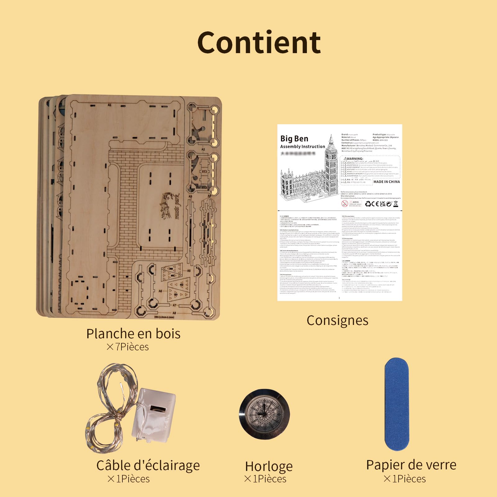 Puzzle 3D Bois Vintage Big Ben L 'Horloge avec Lumière LED Maquette en Bois A Construire Cadeaux d'anniversaire Noël