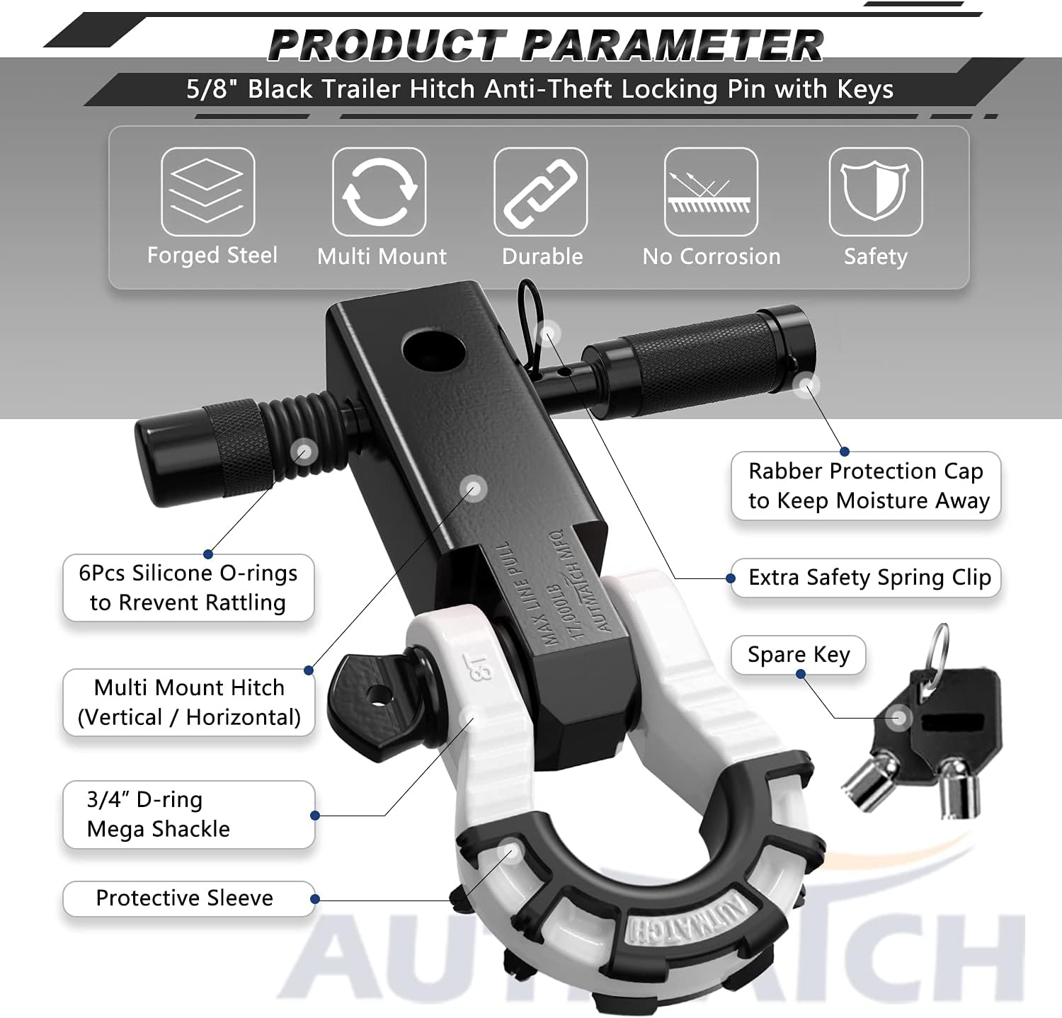 AUTMATCH Shackle Hitch Receiver 2" with 3/4" Mega D Ring Shackle and 5/8" Trailer Hitch Lock Pin, 68,000 Lbs Break Strength Heavy Duty Receiver Towing Kit for Off-Road Vehicle Recovery, Black & White