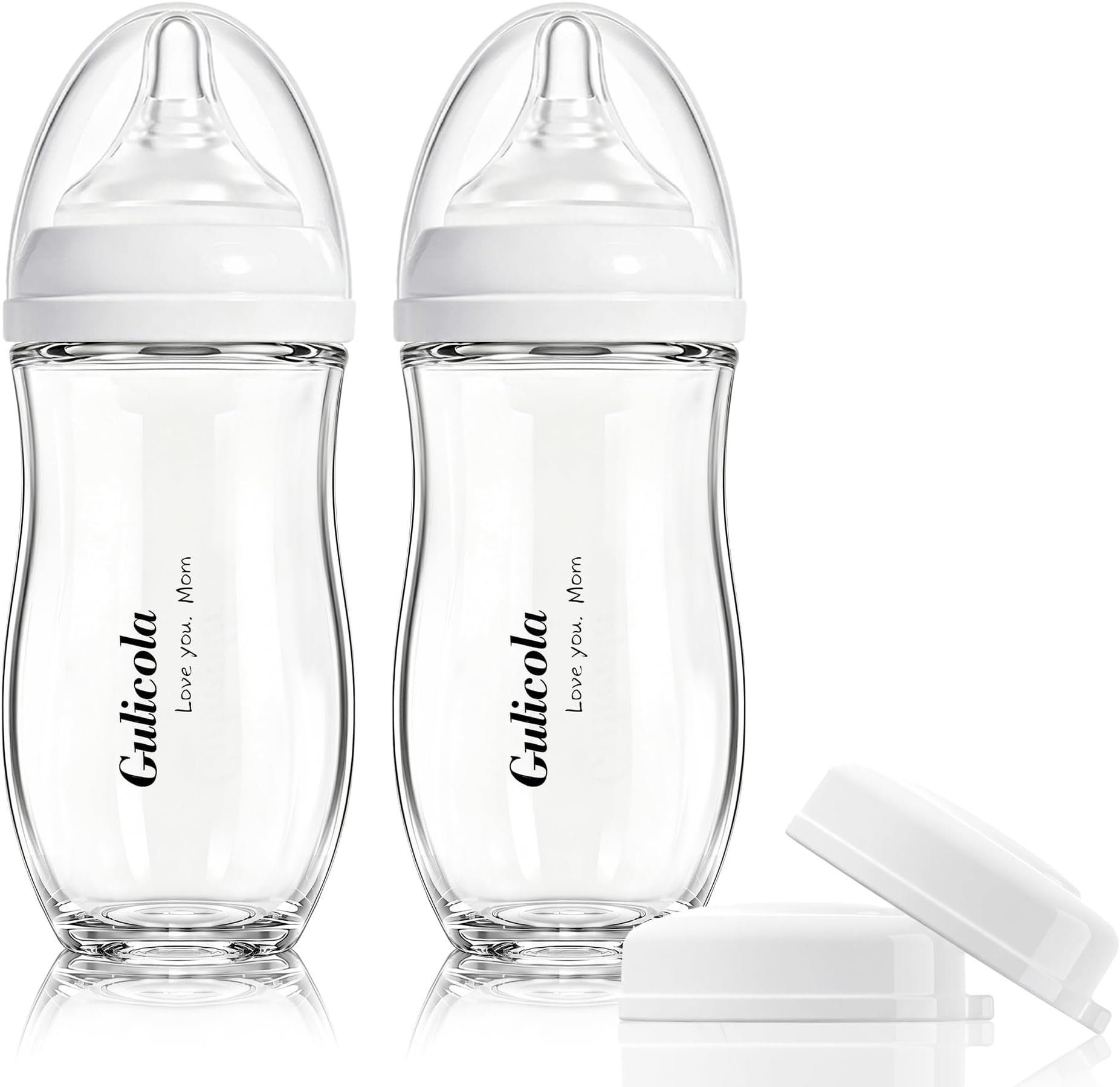 Natural Glass Baby Bottle for Breastfed Babies, Anti-Colic Baby Bottle Set with Medium Flow Nipple, 3 Months +, 8 oz, 2 Pack - White