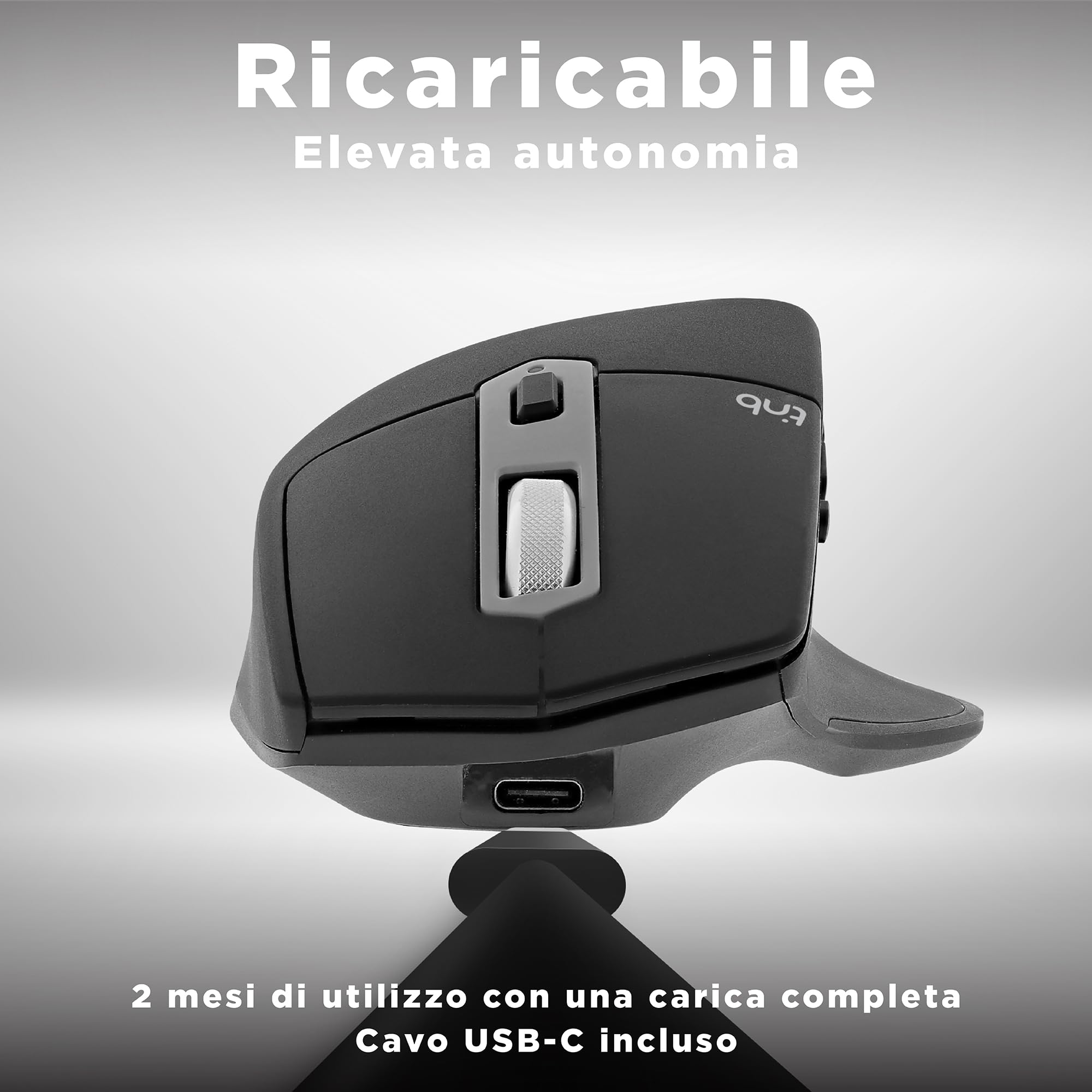 T'nB Mento Mouse 3 Modalità Bluetooth USB A e USB-C Ricaricabile Alta Durata Batteria Alta Precisione 2400 DPI Impugnatura Molto Confortevole Sensazione Naturale 7 Tasti - Nero