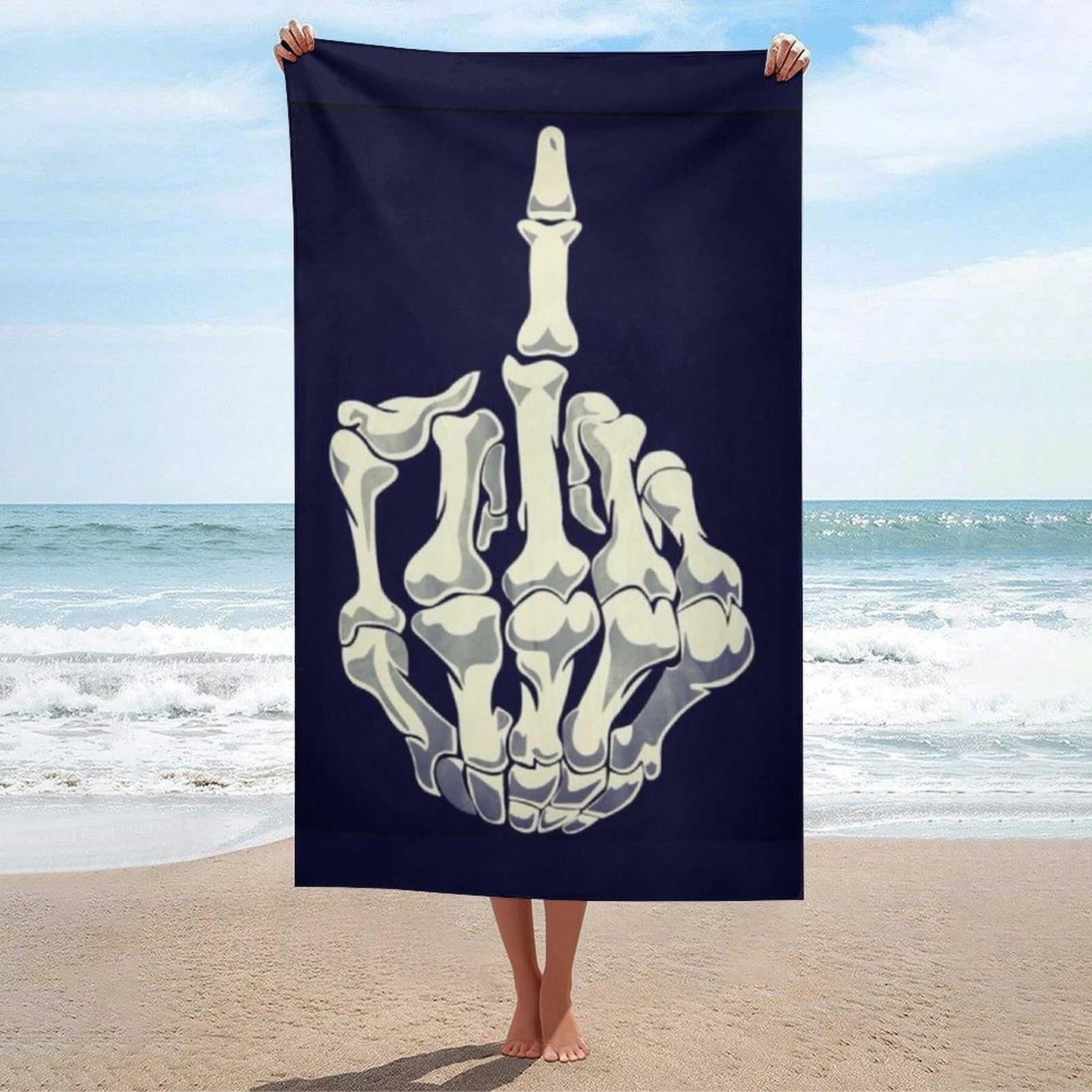 LEDFCVSU Beach Towel, Middle Finger Skull Bath Towel, Absorbent Towel for Swimming, Sports, Travel