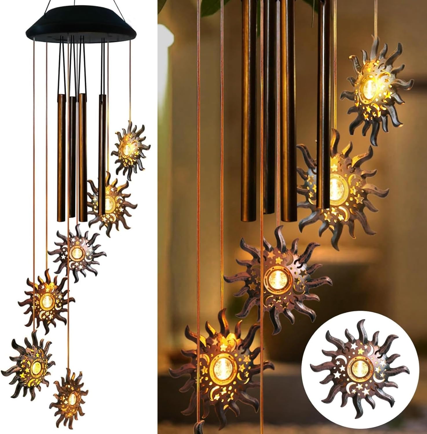 Solar Sun Wind Chimes for Outside Solar Sun Moon Star Wind Chimes Outdoor Hanging Lights Warm LED Outdoor Sun Decor Sun Gifts for Wife Mother Grandmom Christmas Bronze