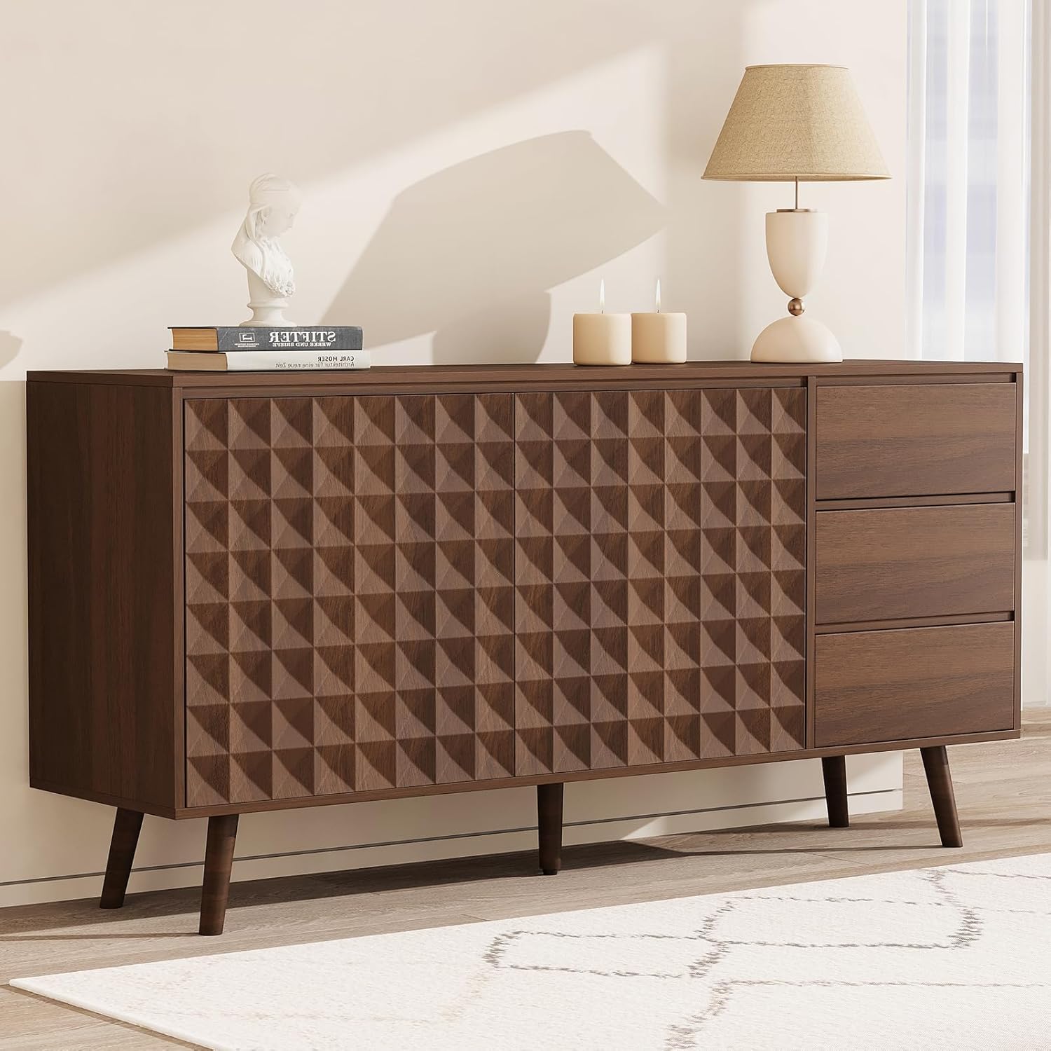 Buffet Cabinet - Large Buffet Storage, Kitchen Sideboard Storage with 2 Doors and 3 Drawers, Diamond Shaped Console Table, 59.76" x 15.67" x 29.53 "