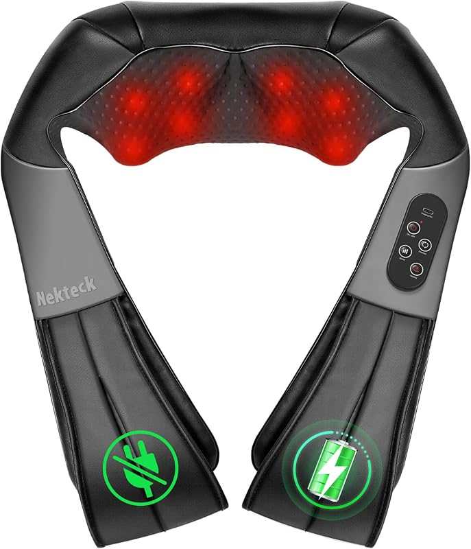 Masajeador inalámbrico de cuello y espalda con calor calmante, recargable | Masajeador de hombros Shiatsu, almohada de masaje eléctrica de tejido profundo 3D para aliviar el dolor de los músculos corporales, 3 intensidades de velocidad