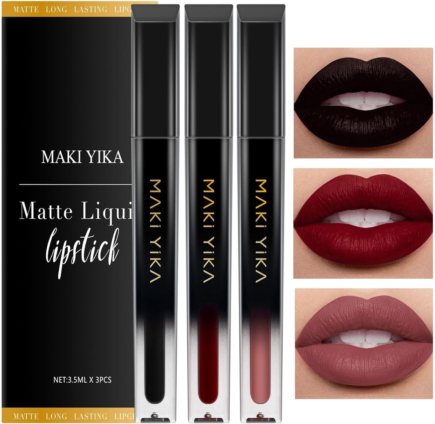 3Pcs Matte Liquid Lipstick Makeup Set, Black Dark Red Nude Lipstick Long Lasting Smudge Proof Transfer Proof Lip Makeup |Black/DarkRed/Nude