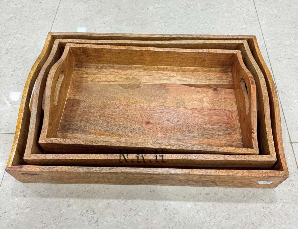 Plateaux de service rustiques en bois avec poignée – Lot de 3 plateaux de service décoratifs pour servir des aliments – Plateaux multi-usages – Décoration de maison/petit déjeuner/table