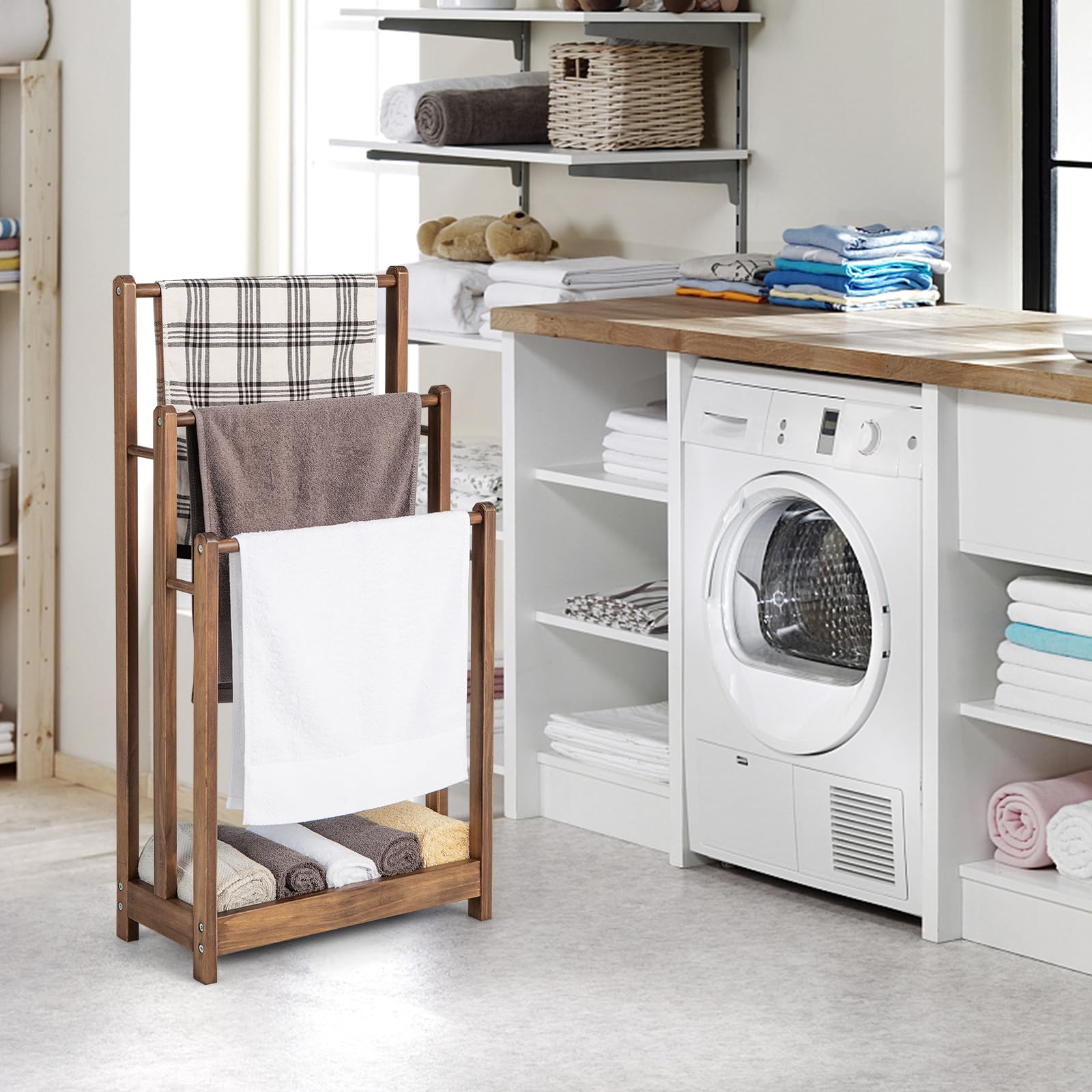 Giantex Towel Rack for Bathroom - 3 Tier Freestanding Towel Racks with Storage Shelf, Wood Hand Towel Drying Stand, Blanket Holder for Living Room, Laundry Room, 18