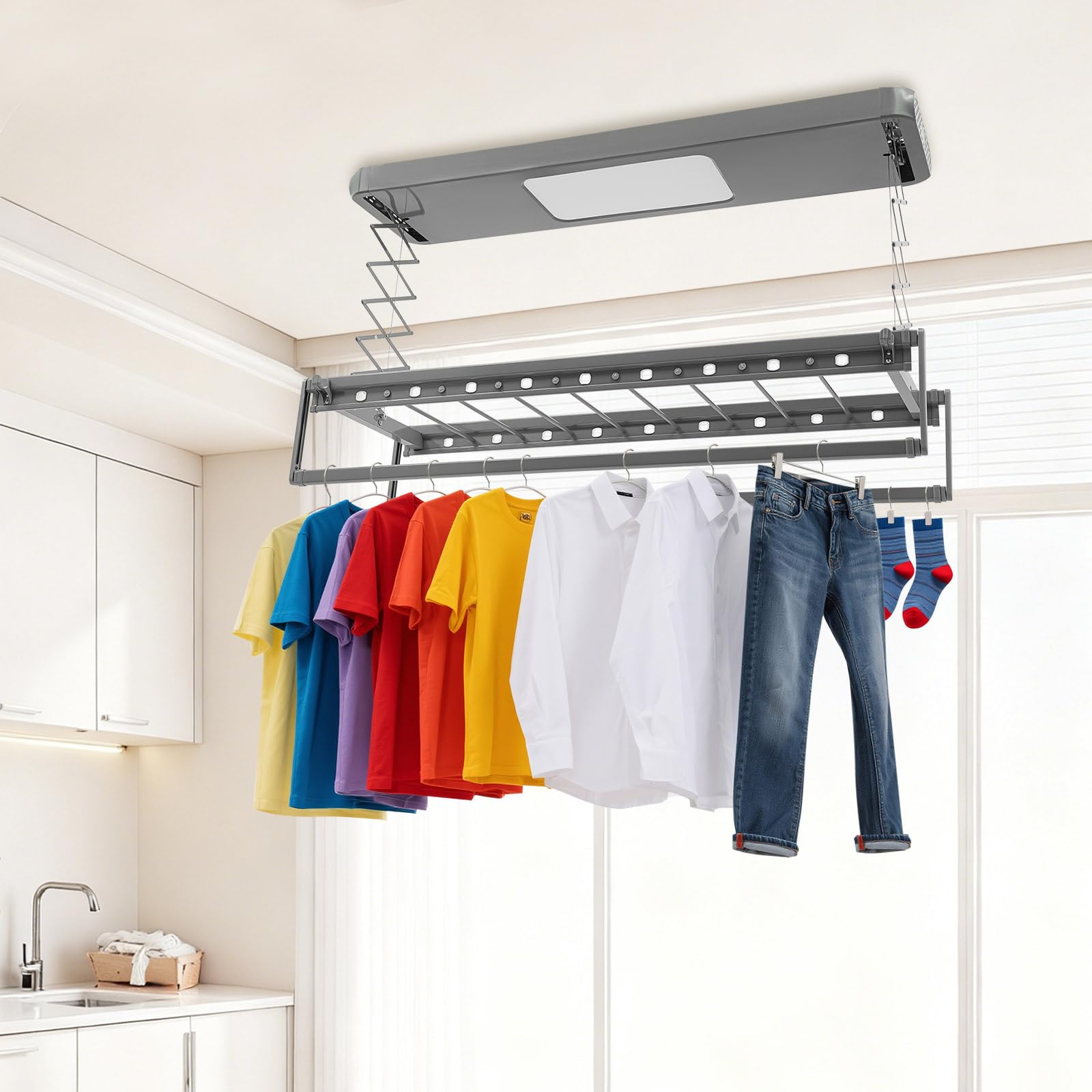 Étendoir à linge électrique mural avec télécommande, support de plafond, extensible et pliable, pour balcons, buanderies (gris)