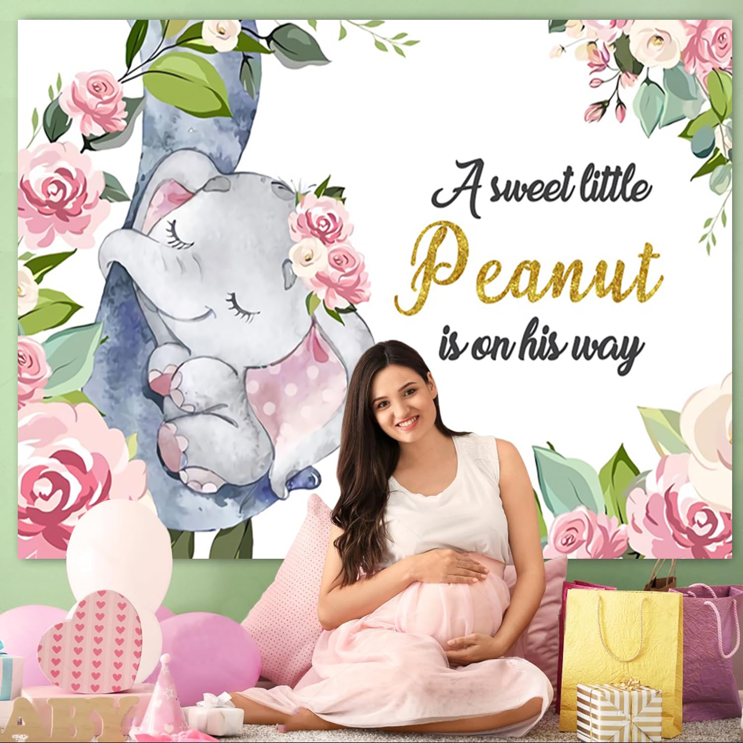 Telón de Fondo de Baby Shower para Niña 3,6x3m, Lindo Elefante Flores Rosa Fondo de fotografía de Vinilo para bebé Fiesta de cumpleaños recién Nacido decoración de Mesa de Pastel