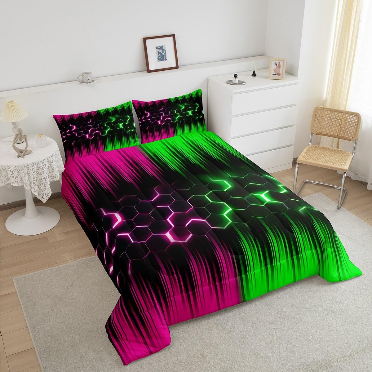 Erosebridal Geometric Honeycomb Comforter Set Queen Neon Pink Green Black Striped Bedding Set for Girls Boys Kids Adult,Abstract Gradient Ombre Comforter Set Beehive Hexagon Bed Set 3Pcs