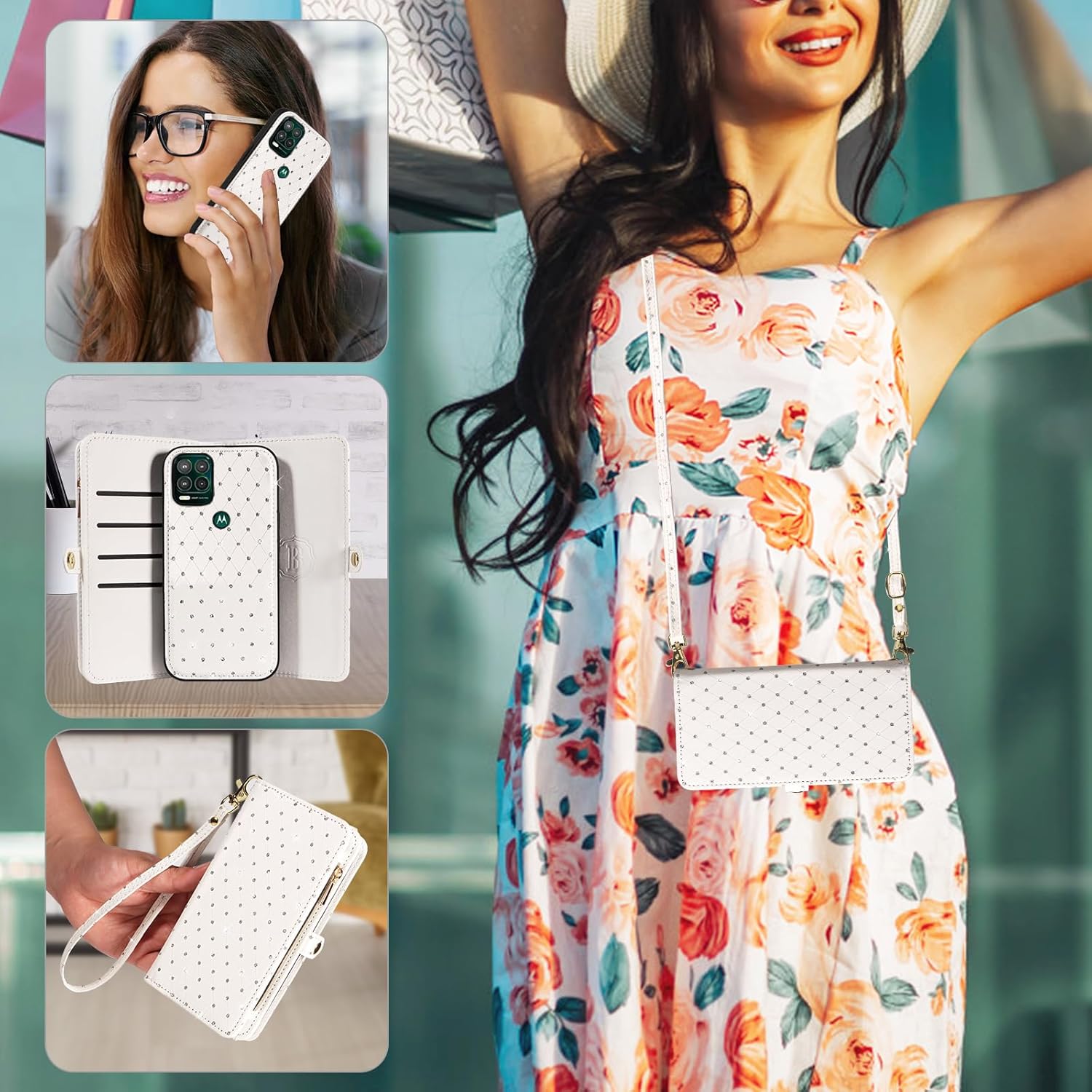 Asuwish Phone Case for Moto G Stylus 5G 2021 Zipper Wallet Detachable Cell Cover with Tempered Glass Screen Protector Strap Glitter Flip Card Holder Slot Motorola GStylus G5 XT2131DL Women Girls White
