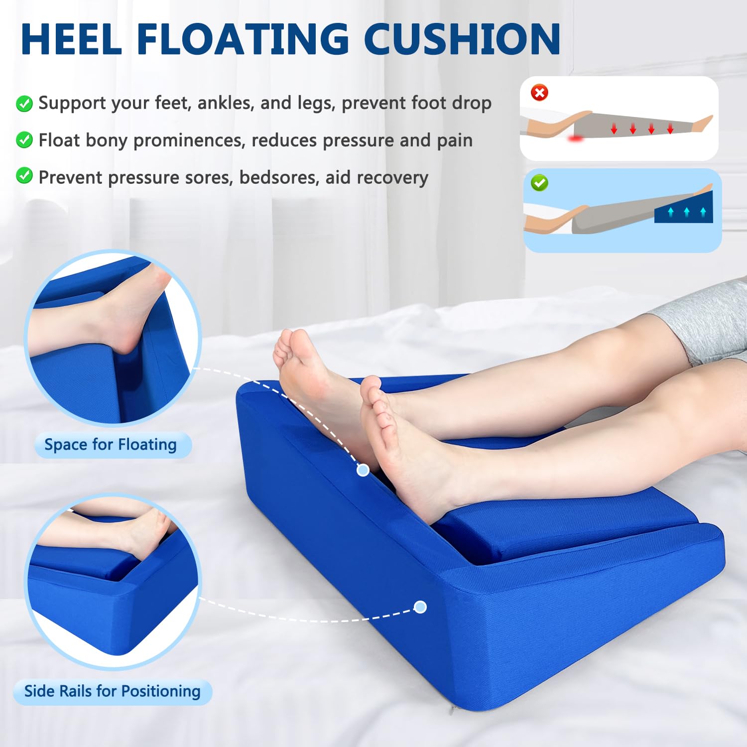 KAAMOS Protectores de talón para úlceras por presión, cojines flotantes para aliviar el dolor de talón, almohada para úlceras de talón, pacientes postrados en cama, apoyo de posicionamiento (azul)