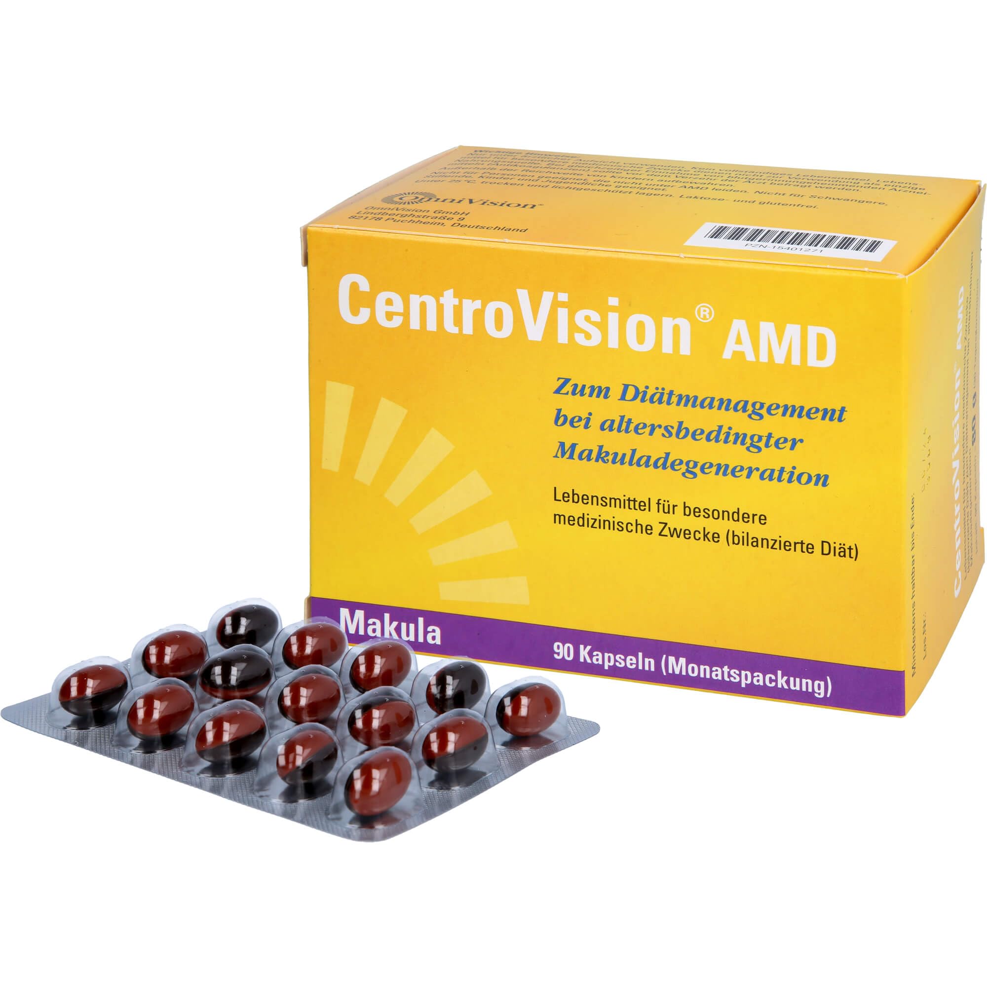 CentroVision AMD – Lebensmittel für besondere medizinische Zwecke zum Diätmanagement bei intermediärer und fortgeschrittener altersbedingter Makuladegeneration, laktose- & glutenfrei, 90 St.