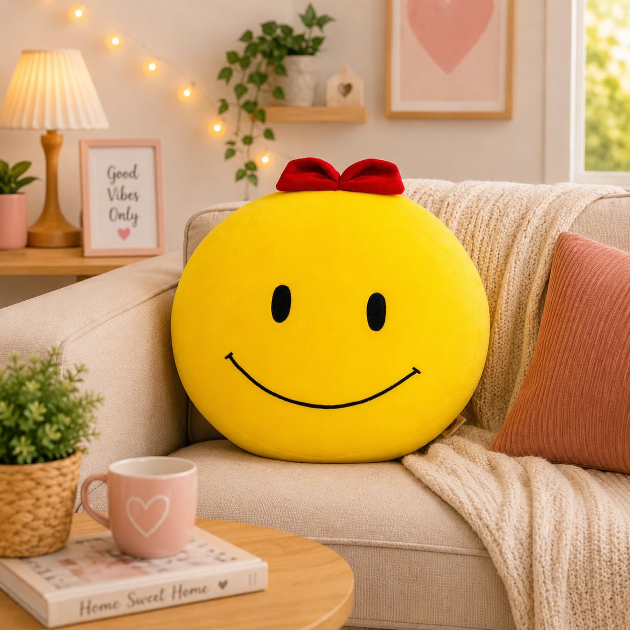 Smiley Face Cushion with Red Bow, Yellow, Soft Plush Toy 25 cm-image-27