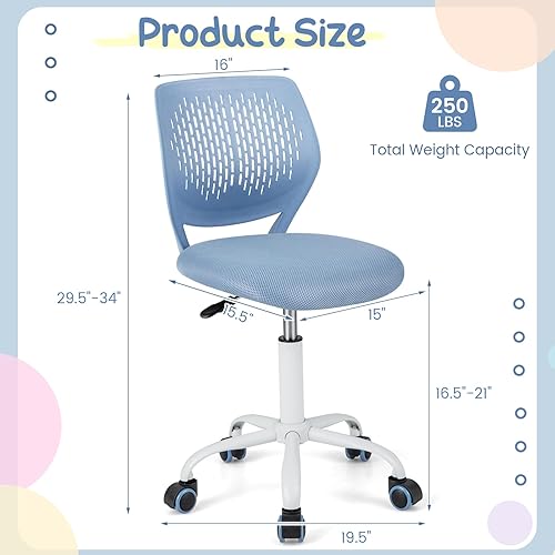 Miniatura 3 de HONEY JOY Silla de escritorio para niños, silla de estudio para niños con altura ajustable, respaldo bajo, silla giratoria de malla rodante, silla